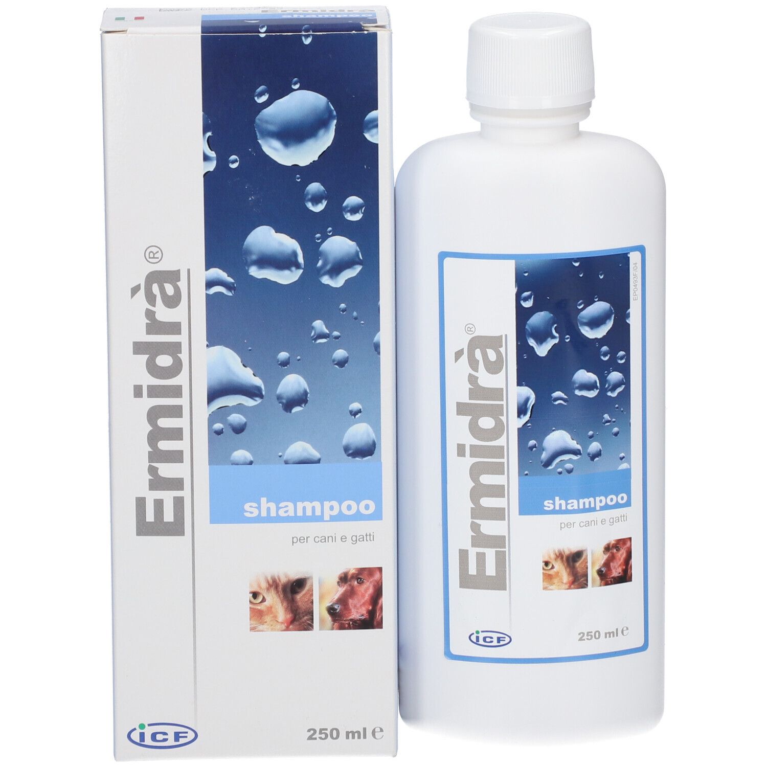 Confezione e flacone di shampoo Ermidrà. Entrambi con etichette e informazioni sul prodotto. 250 ml.