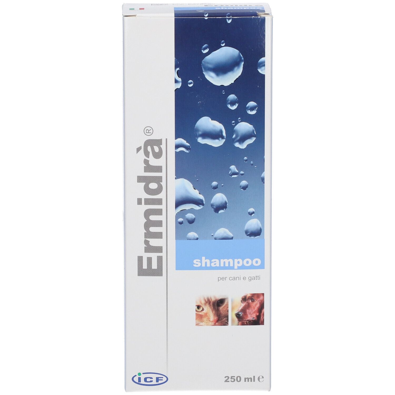 Confezione shampoo Ermidrà. Scatola bianca e blu con immagini e testo. Contenuto 250 ml.