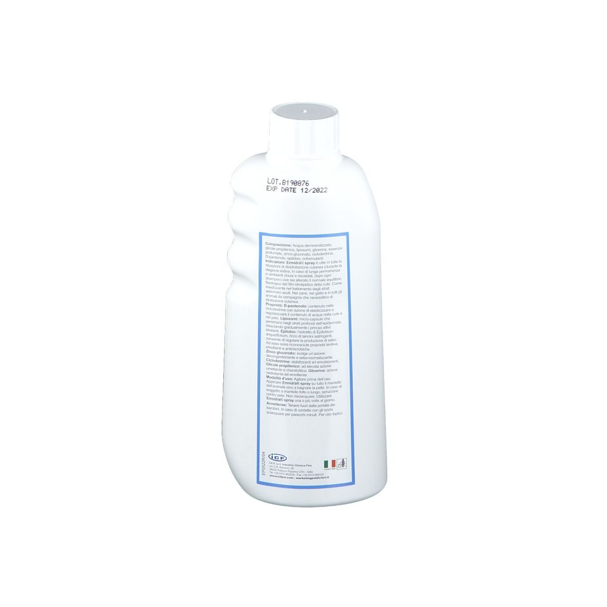 Retro del flacone bianco Ermidrà® Spray. Testo con ingredienti e data di scadenza.
