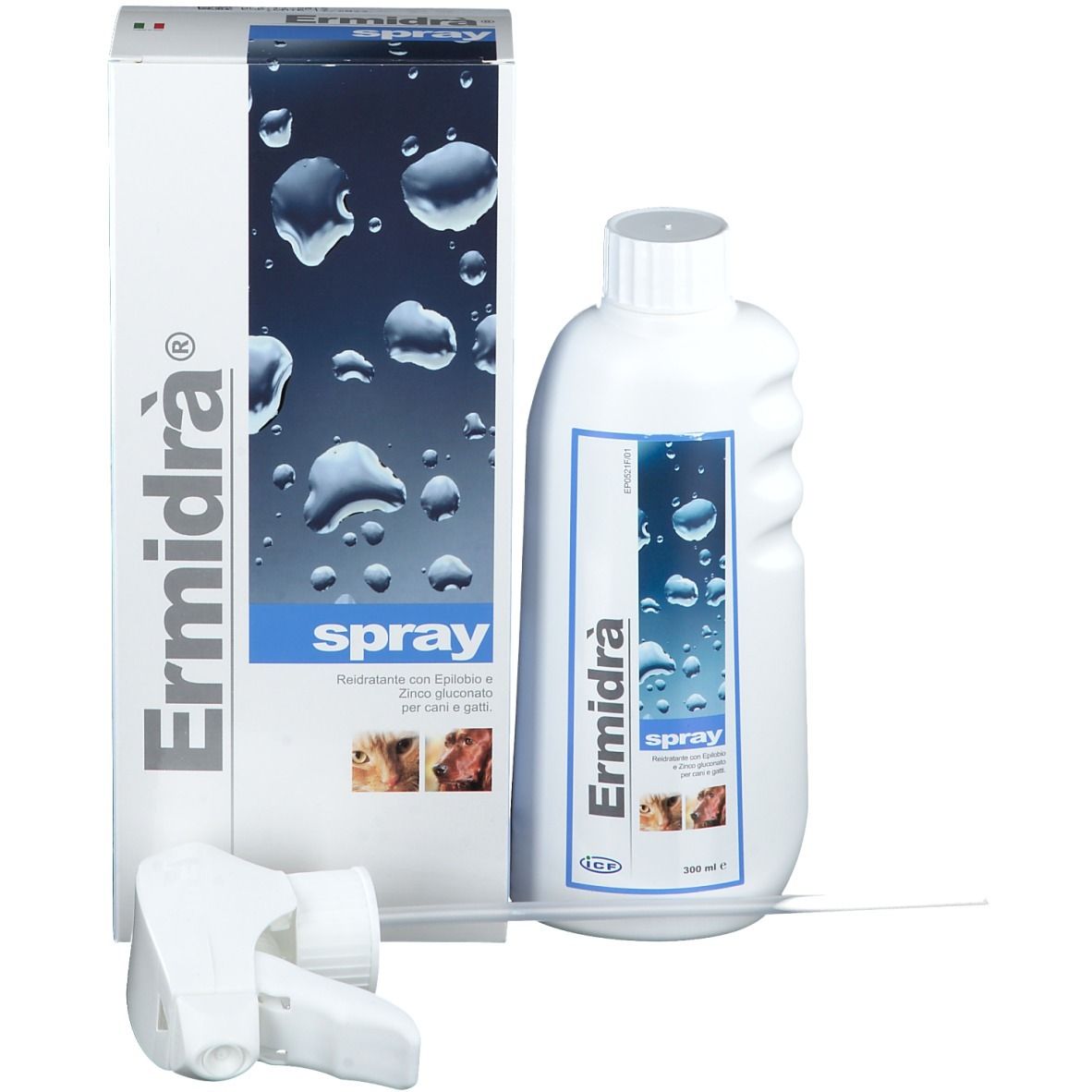 Confezione e flacone Ermidrà® Spray. Flacone spray e testina. Nome del prodotto e grafica.