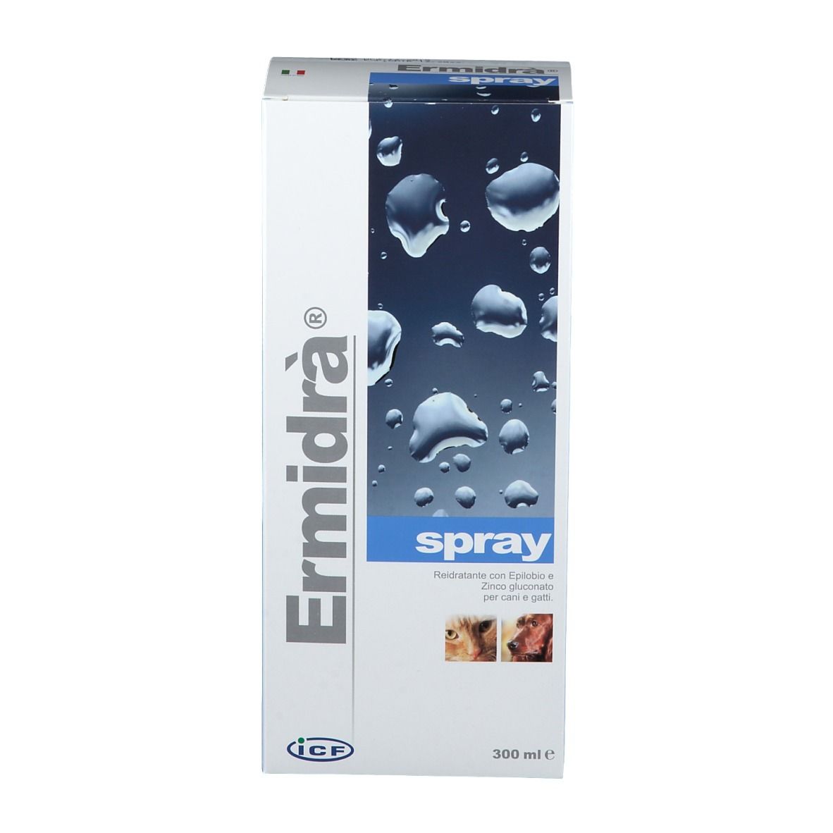 Confezione Ermidrà® Spray. Scatola bianca con nome del prodotto e grafica blu. 300 ml.