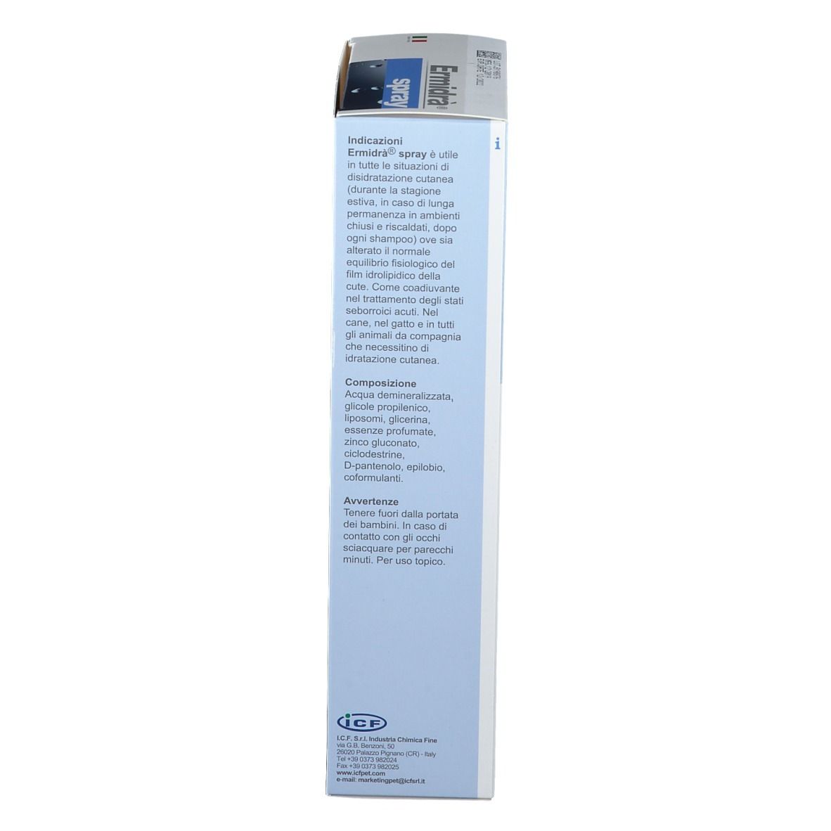 Lato della confezione Ermidrà® Spray. Testo con informazioni sul prodotto e ingredienti.
