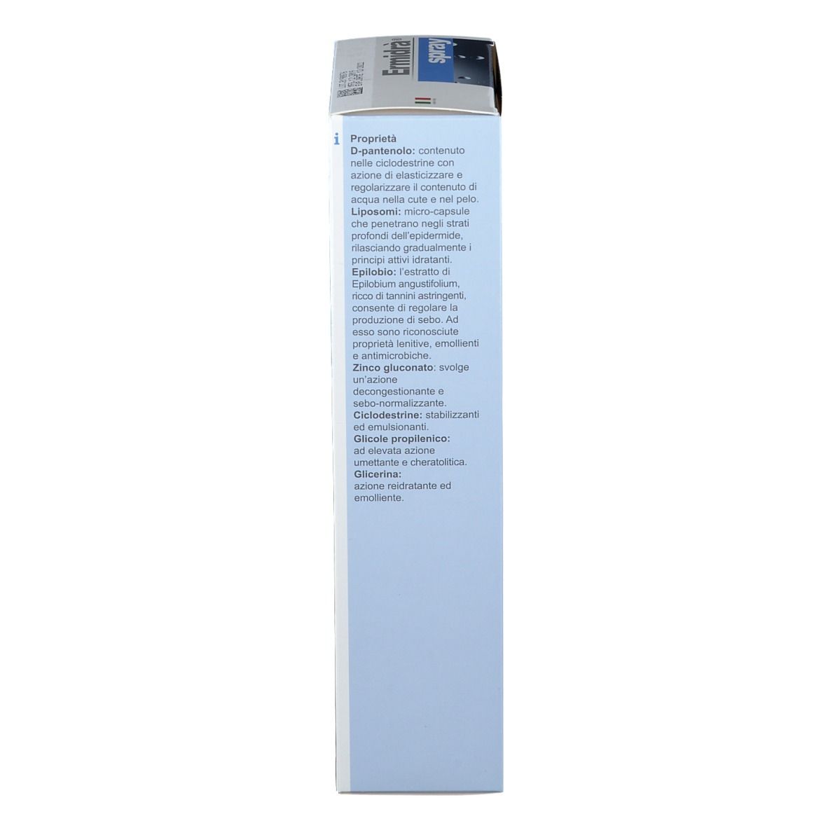 Lato della confezione Ermidrà® Spray. Testo con proprietà e ingredienti del prodotto.