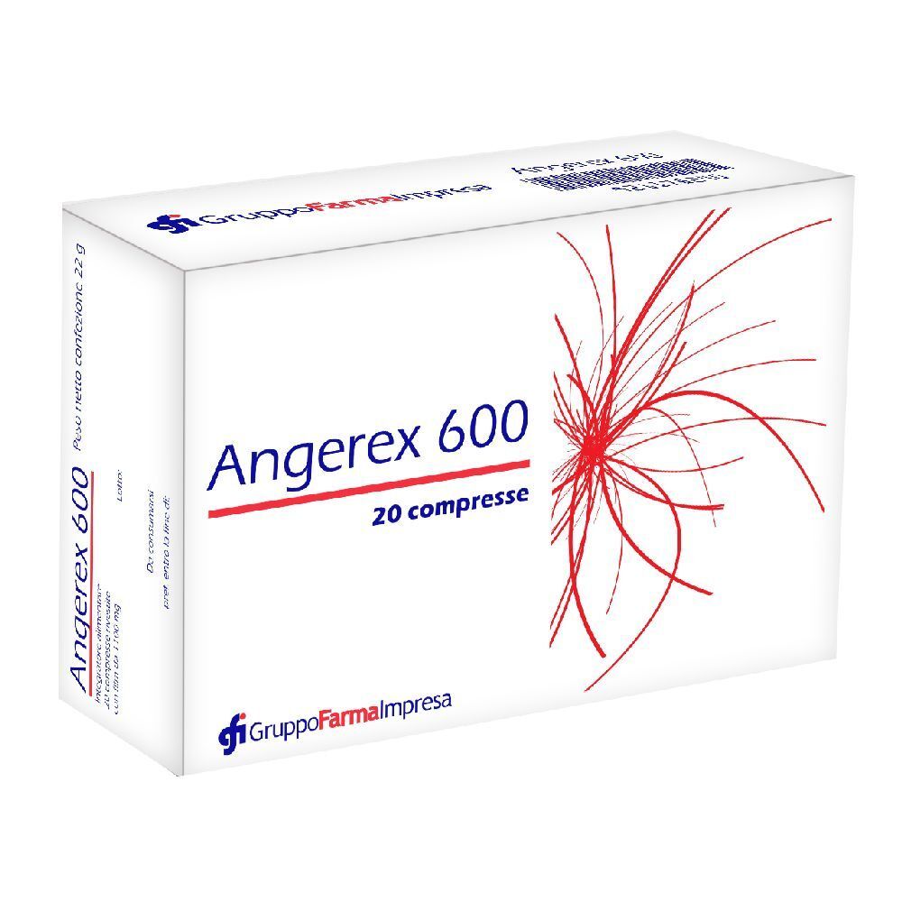 Scatola bianca Angerex 600, 20 compresse. Linee rosse astratte. Logo GruppoFarmimpresa.