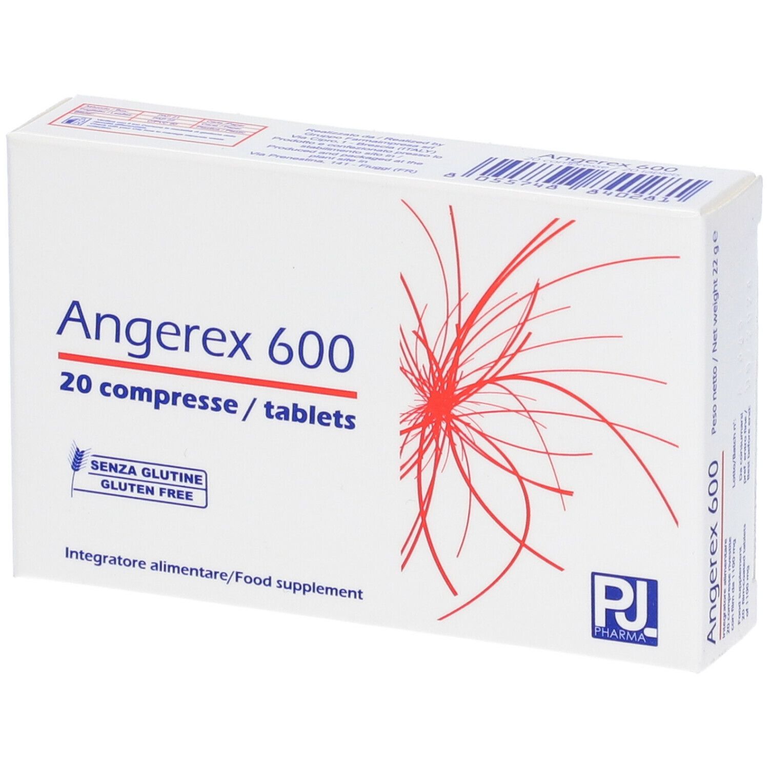 Scatola bianca Angerex 600, 20 compresse. Linee rosse. Simbolo senza glutine. Logo PJ Pharma.