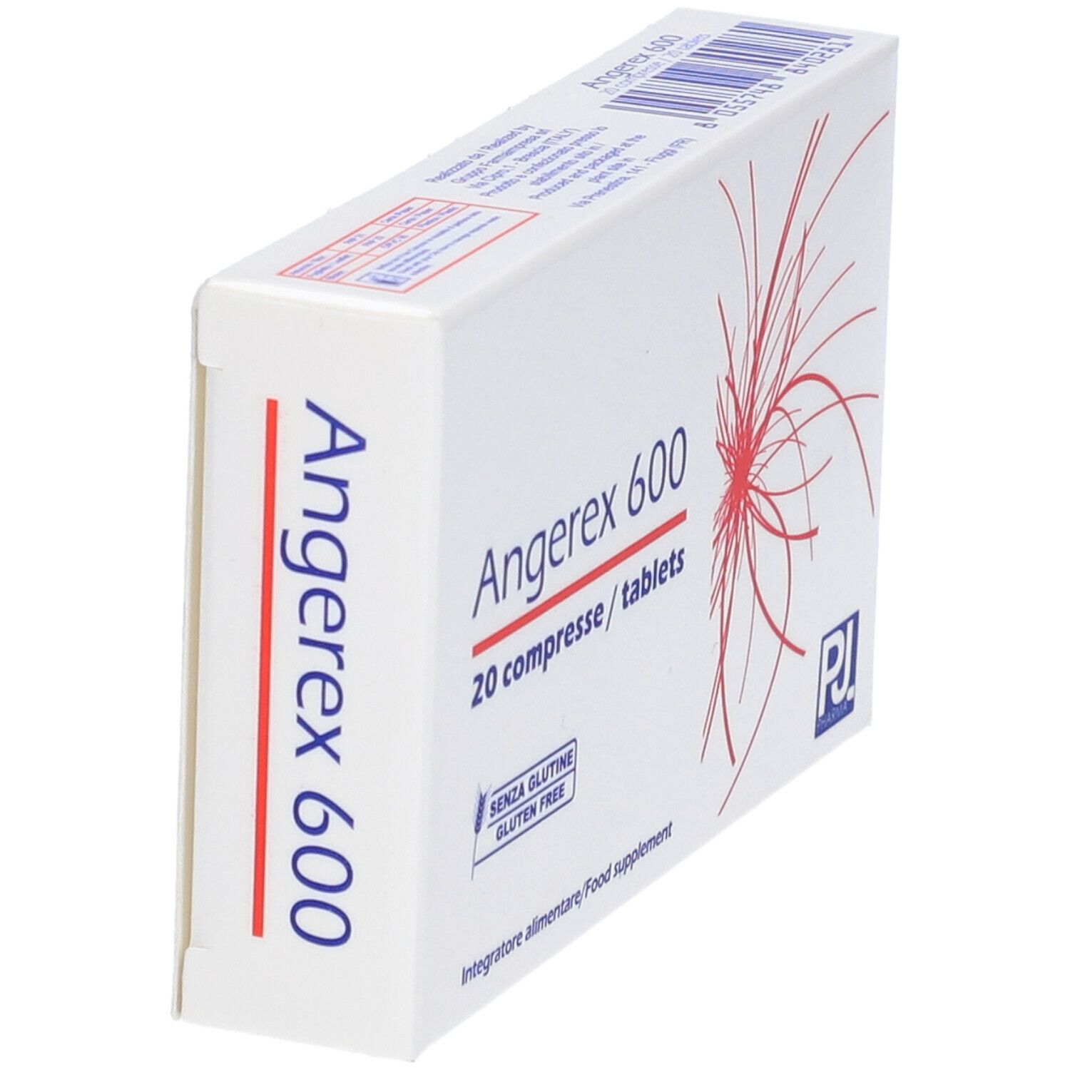Scatola bianca, Angerex 600, 20 compresse. Linee rosse. Simbolo senza glutine. Logo PJ Pharma.