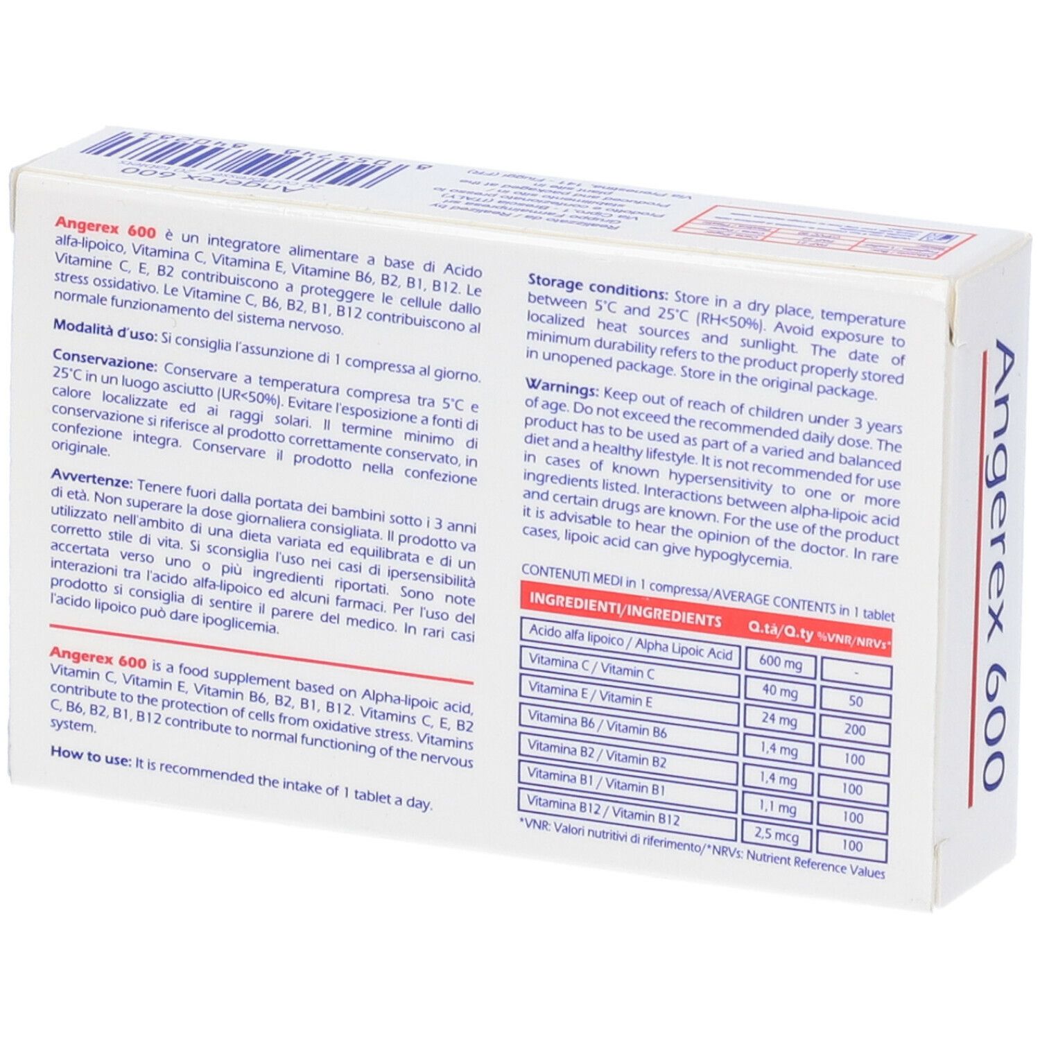 Retro della scatola Angerex 600. Testo con ingredienti e istruzioni. Testo bianco su sfondo bianco.