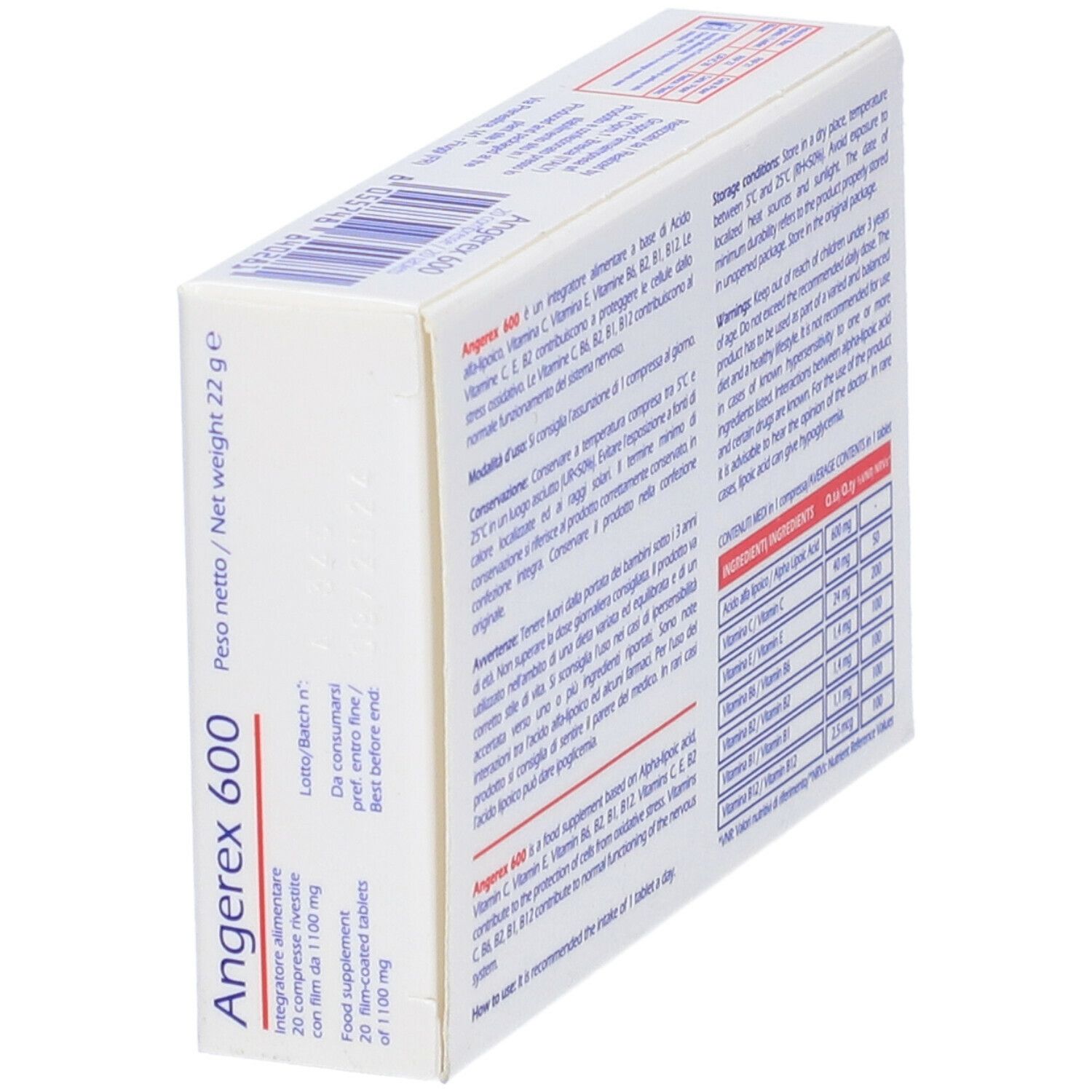 Scatola Angerex 600, retro. Testo con ingredienti e avvertenze. Testo bianco su sfondo bianco.