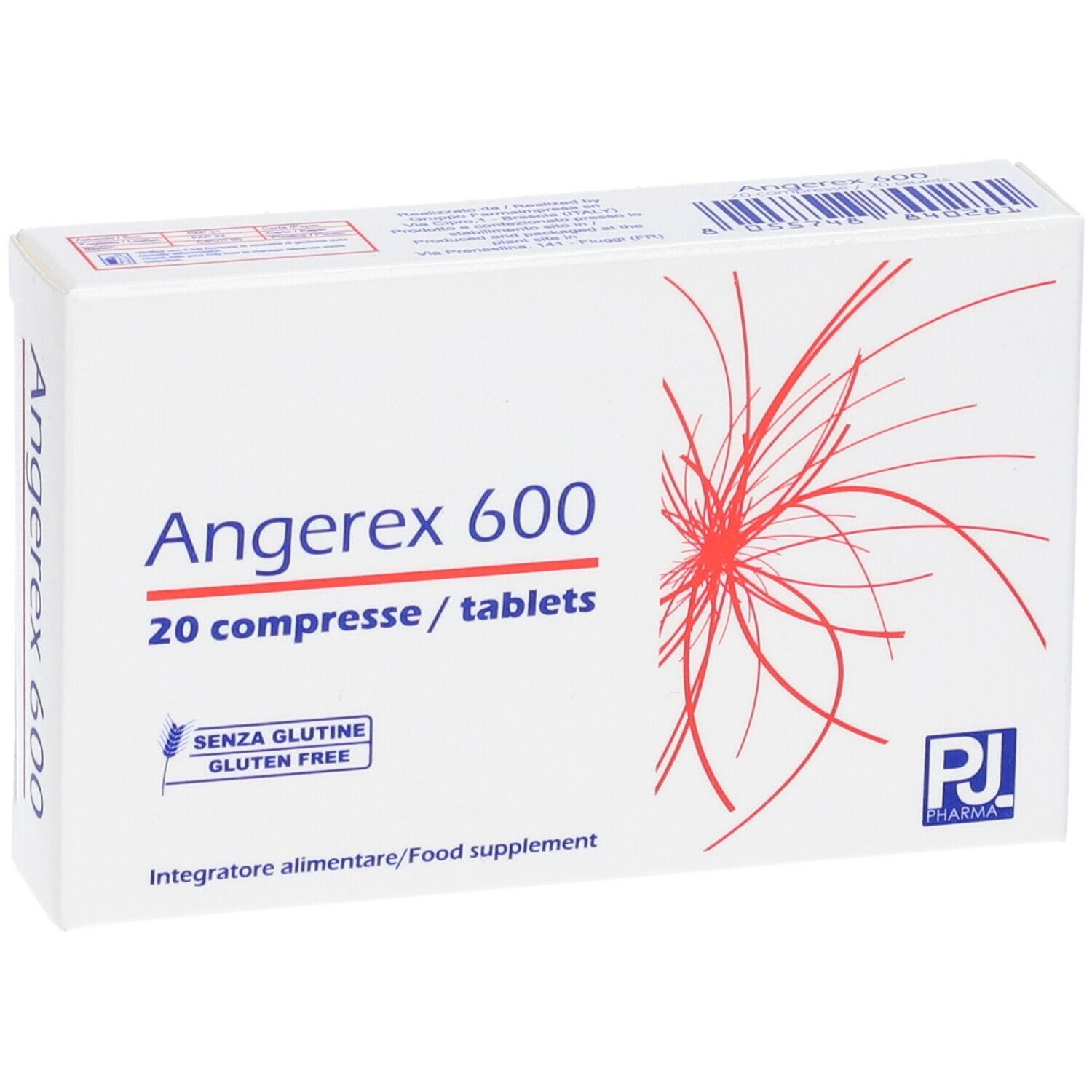 Scatola bianca Angerex 600, 20 compresse. Linee rosse. Simbolo senza glutine. Logo PJ Pharma.