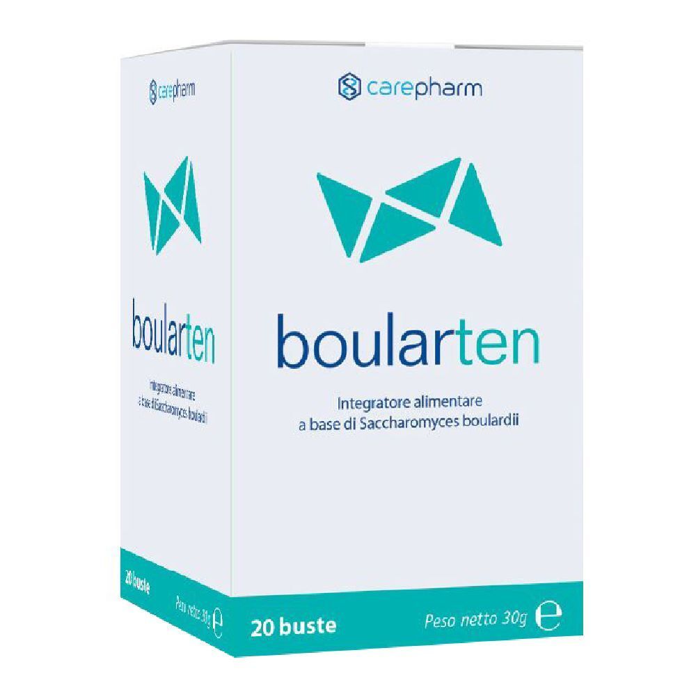 Confezione di Boularten 20 Stick Pack. Scatola bianca con logo e testo blu. Contiene 20 bustine. Carepharm.