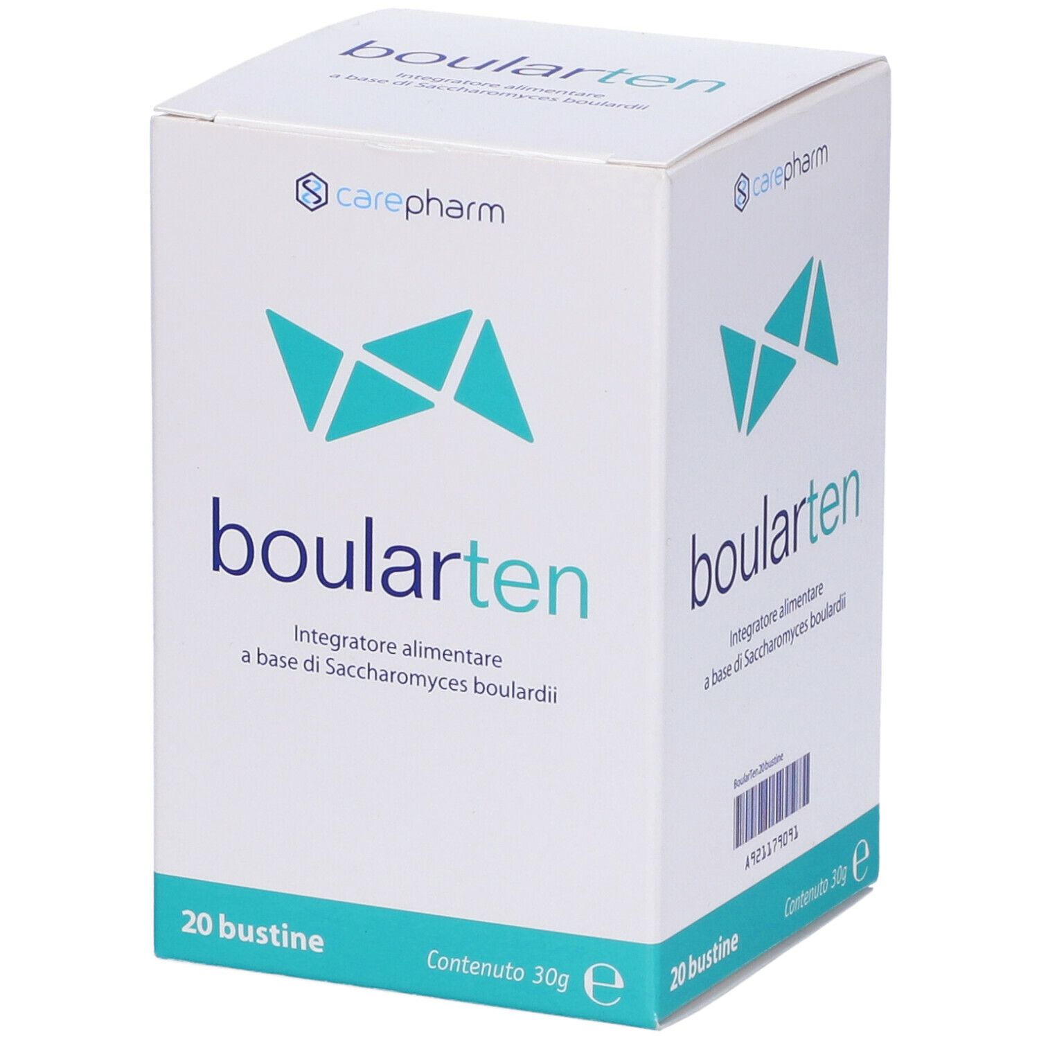Confezione di Boularten 20 Stick Pack. Scatola bianca con logo e testo blu. Contiene 20 bustine. Carepharm.