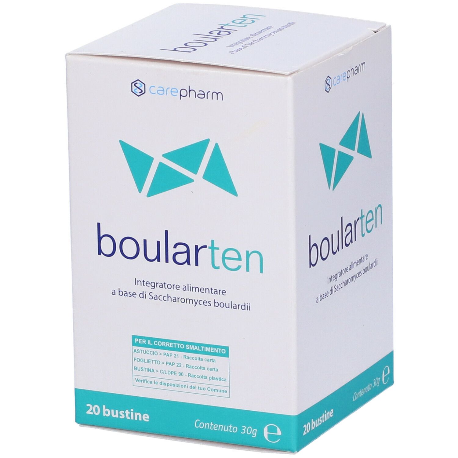 Confezione di Boularten 20 Stick Pack. Scatola bianca con logo e testo blu. Contiene 20 bustine. Carepharm.