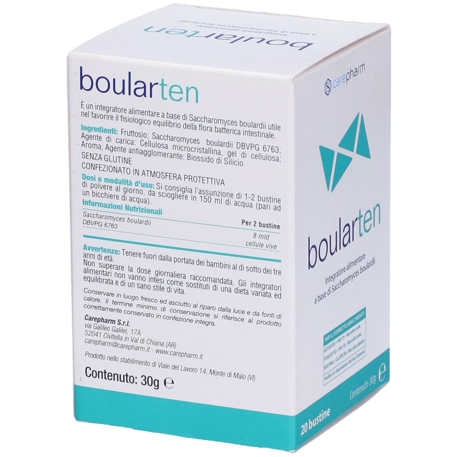 Confezione di Boularten 20 Stick Pack. Scatola bianca con logo e testo blu. Contiene 20 bustine. Carepharm.