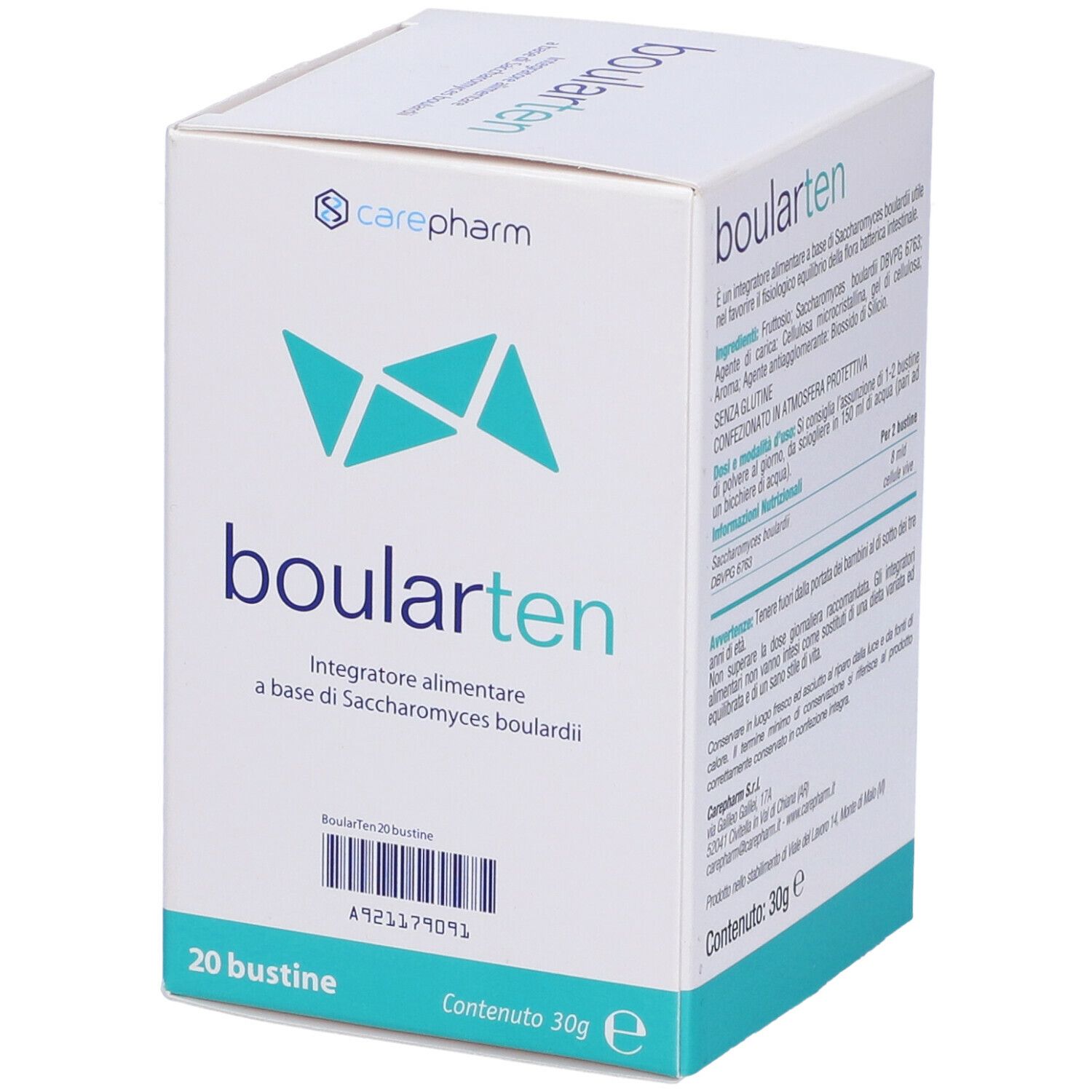 Confezione di Boularten 20 Stick Pack. Scatola bianca con logo e testo blu. Contiene 20 bustine. Carepharm.