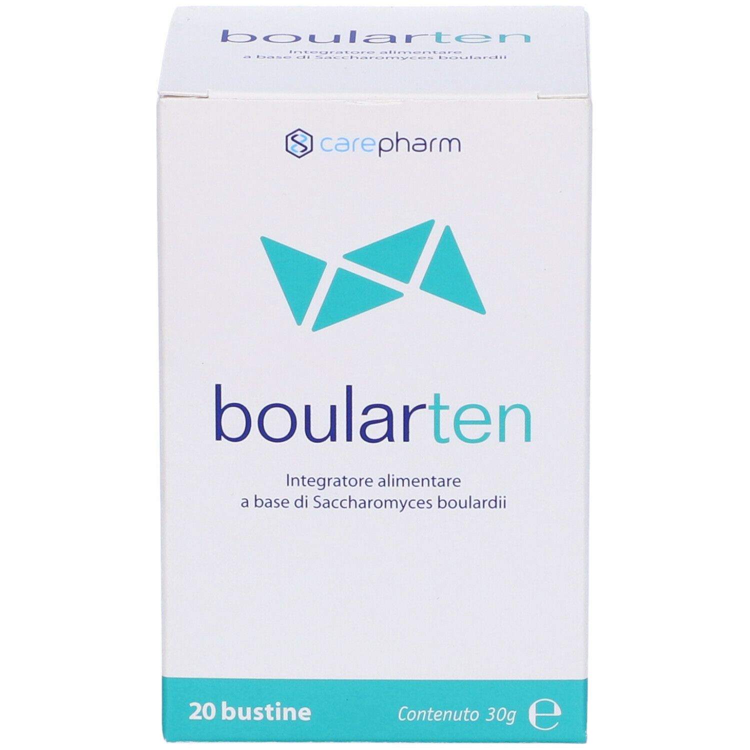 Confezione di Boularten 20 Stick Pack. Scatola bianca con logo e testo blu. Contiene 20 bustine. Carepharm.