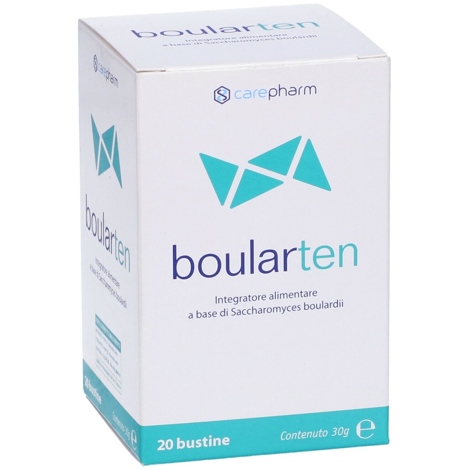 Confezione di Boularten 20 Stick Pack. Scatola bianca con logo e testo blu. Contiene 20 bustine. Carepharm.