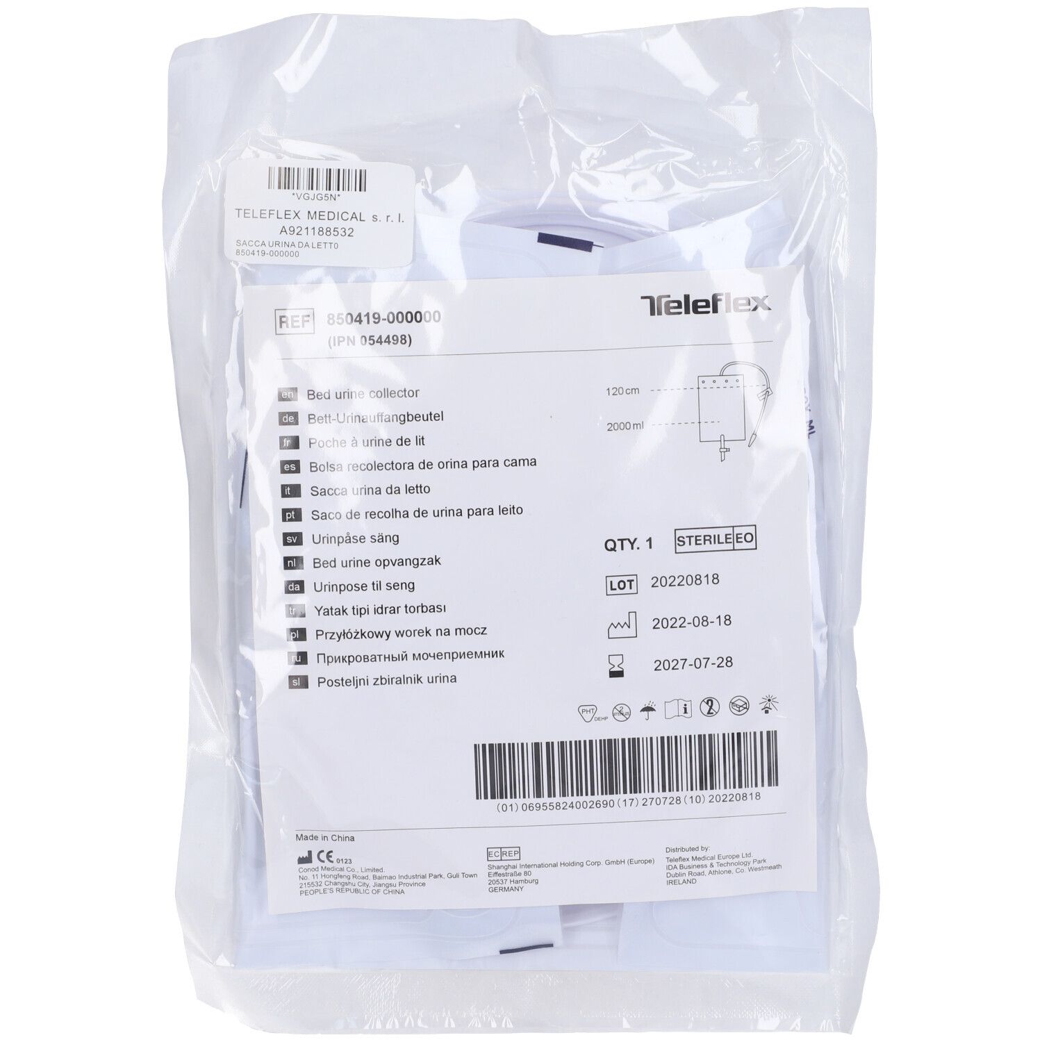 Confezione con informazioni sul prodotto. Nome prodotto: Bed Urine Collector. Marchio Teleflex Medical. Sterile. Con codice a barre e numero di lotto.