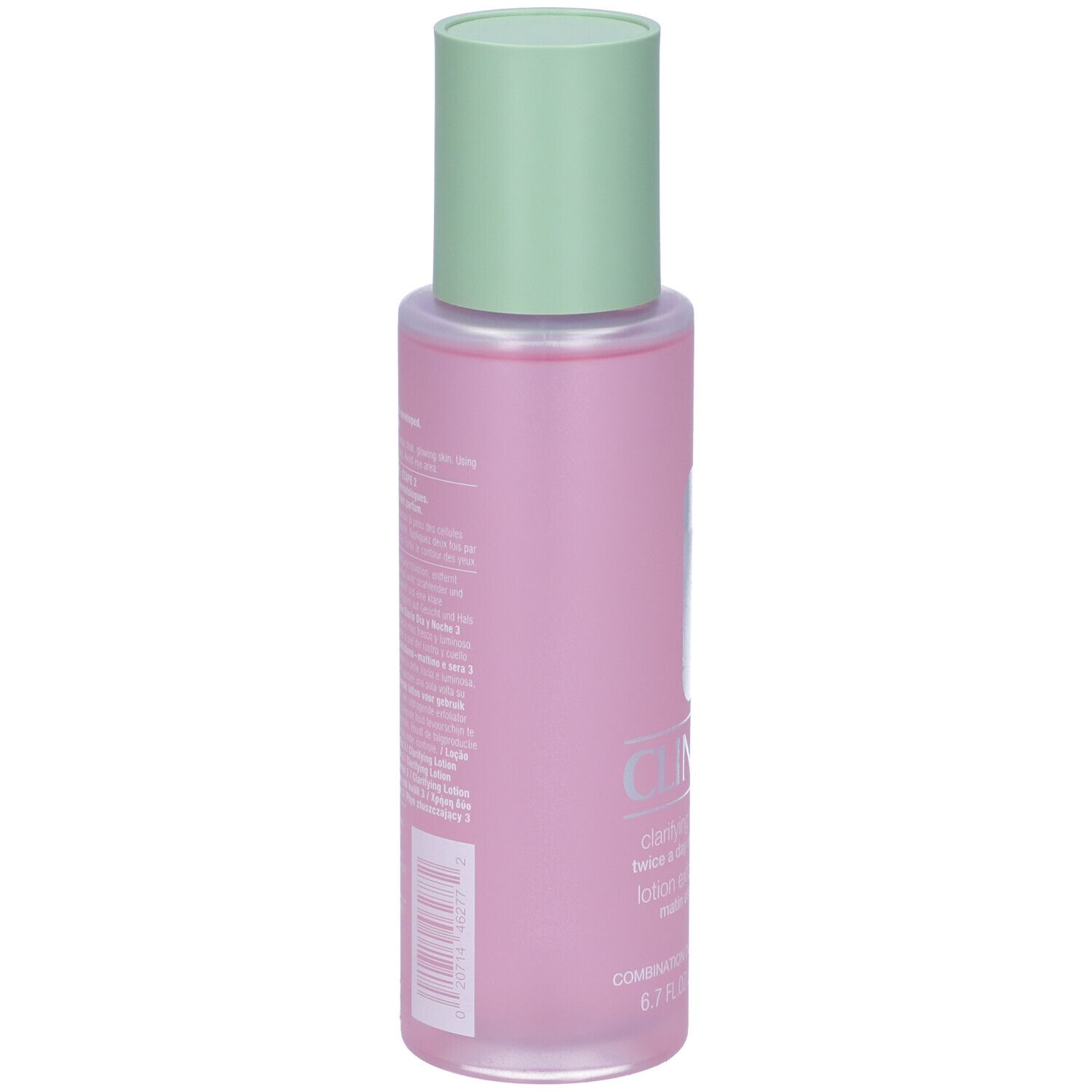 Flacone rosa con tappo verde. Retro con testo e codice a barre.