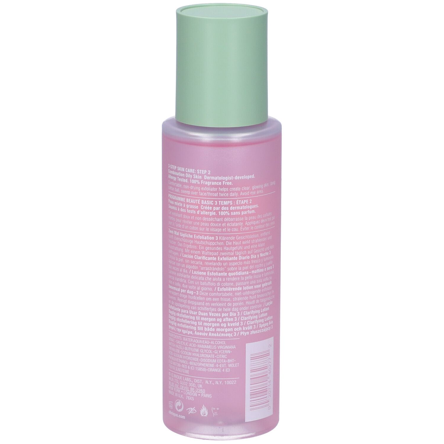 Flacone rosa con tappo verde. Retro con testo.