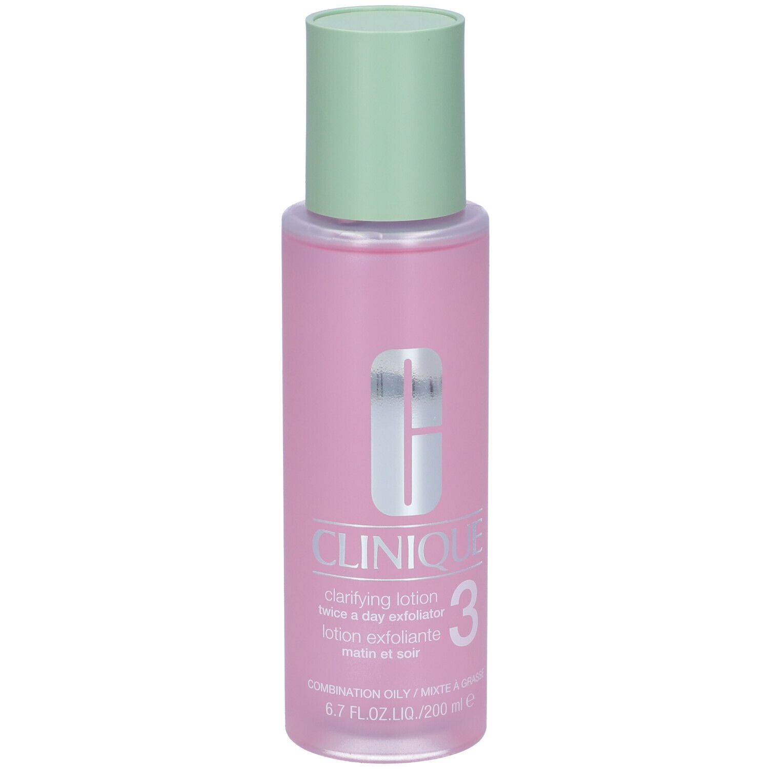 Flacone rosa con tappo verde. Scritta: Clinique Clarifying Lotion 3.