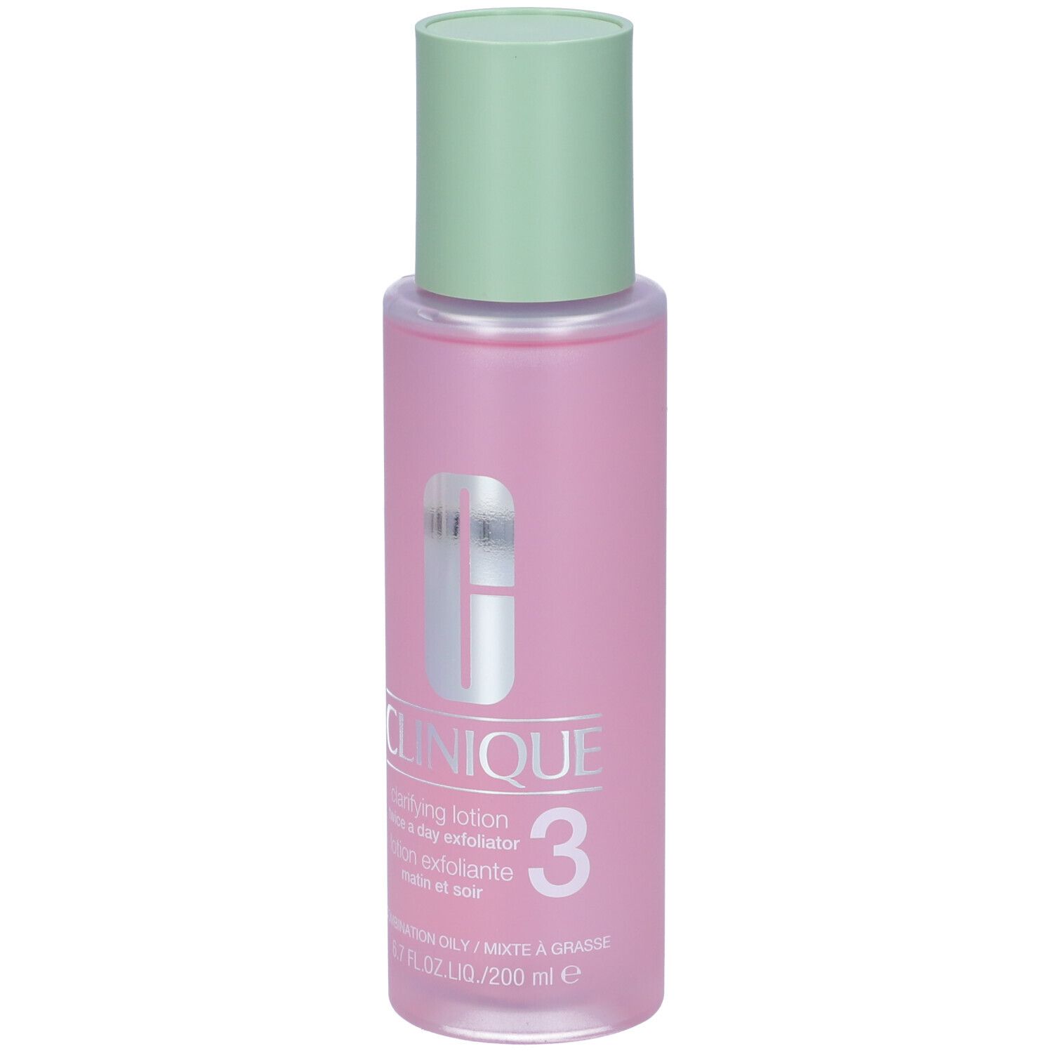 Flacone rosa con tappo verde. Scritta: Clinique Clarifying Lotion 3.