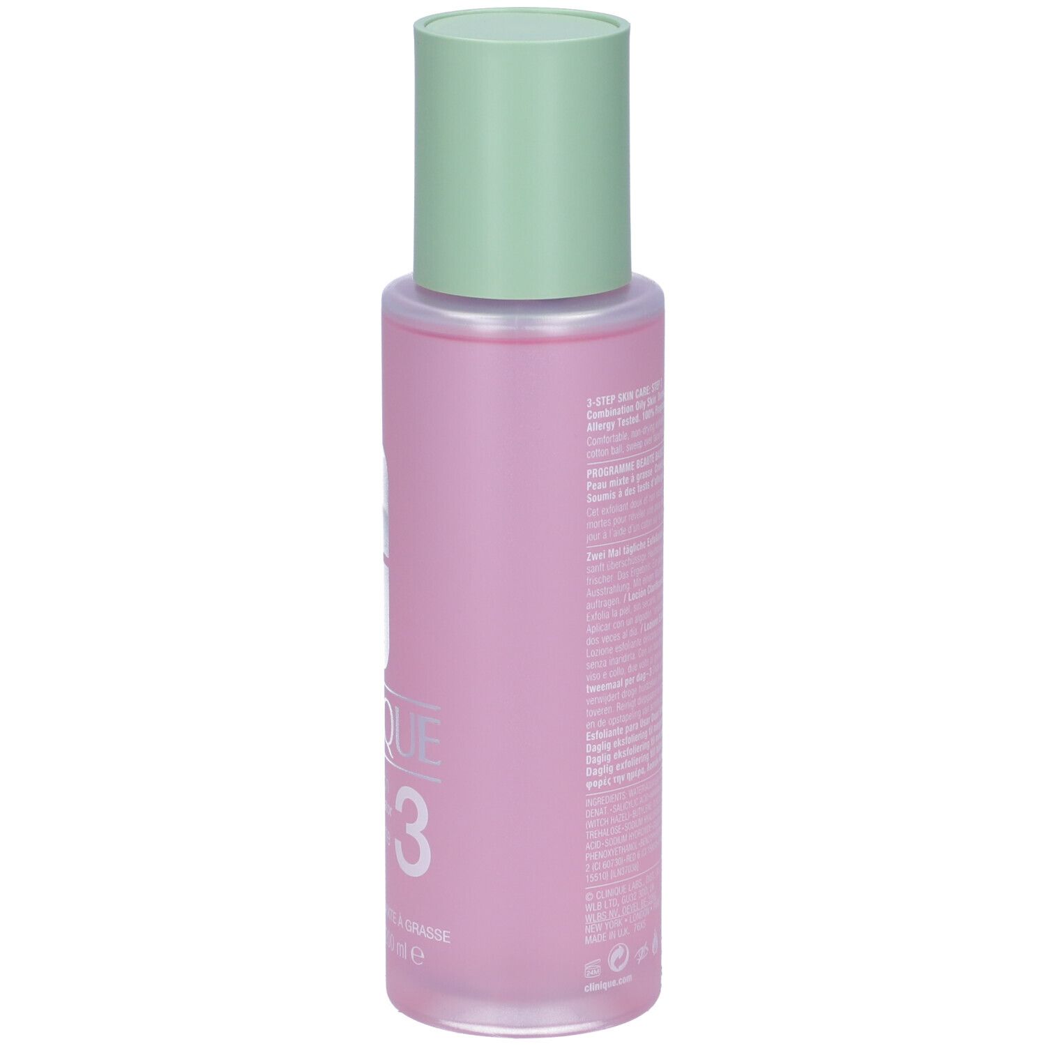 Flacone rosa con tappo verde. Retro con testo.