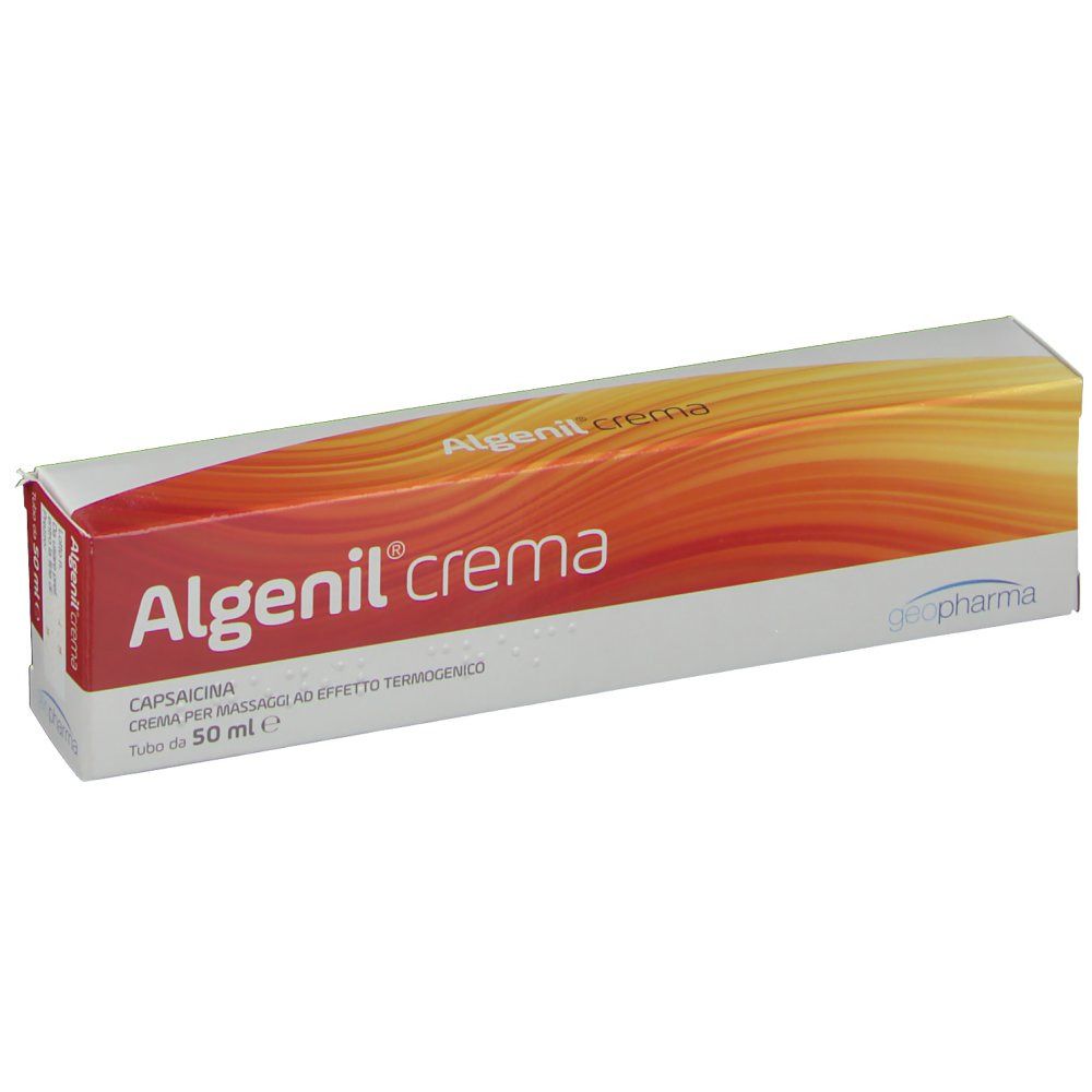 Confezione di Algenil® Crema. Sfumatura di colori rosso e giallo. Testo: Algenil crema, Capsaicina, Tube da 50 ml.