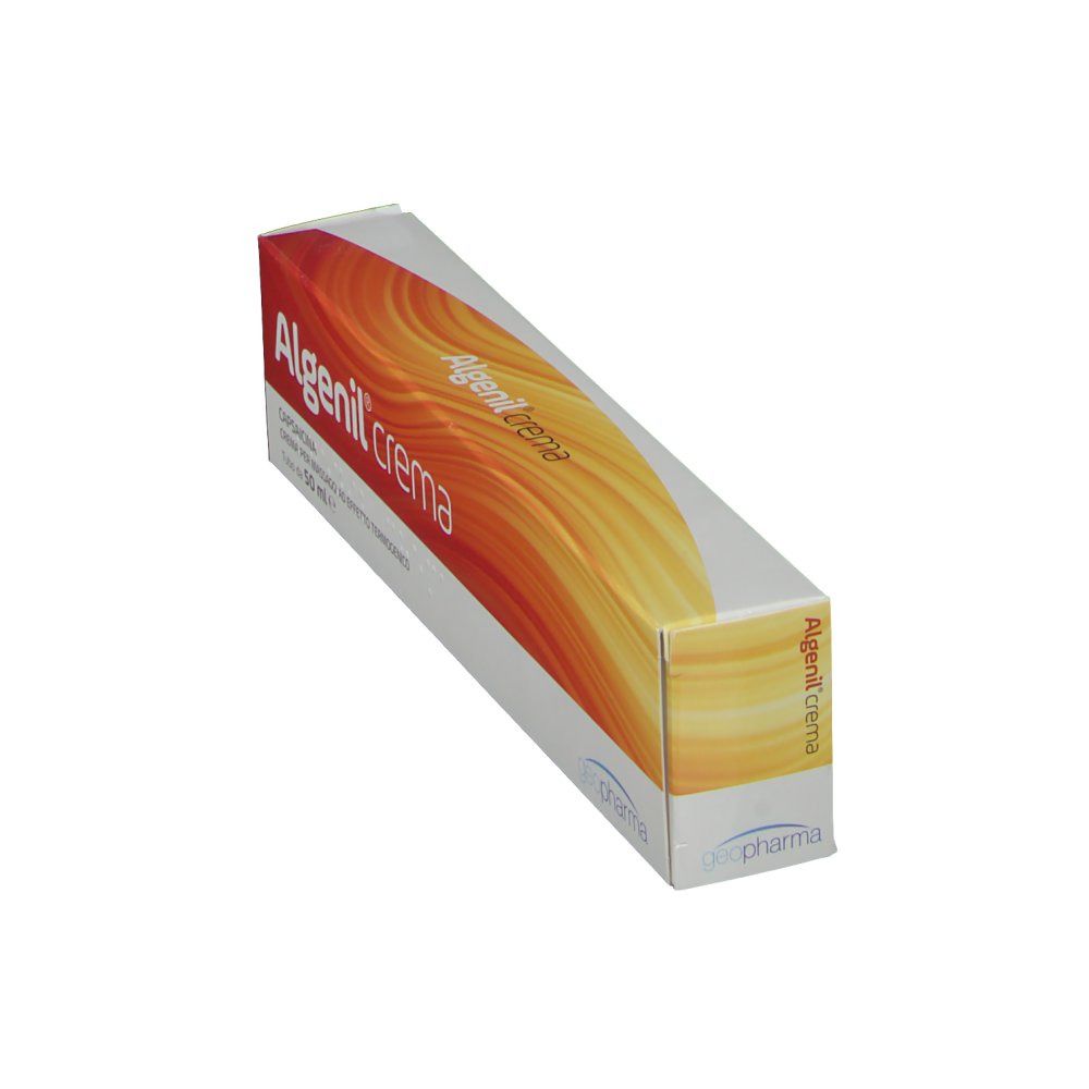 Confezione di Algenil® Crema in diagonale. Sfumatura di colori rosso e giallo. Testo: Algenil crema.