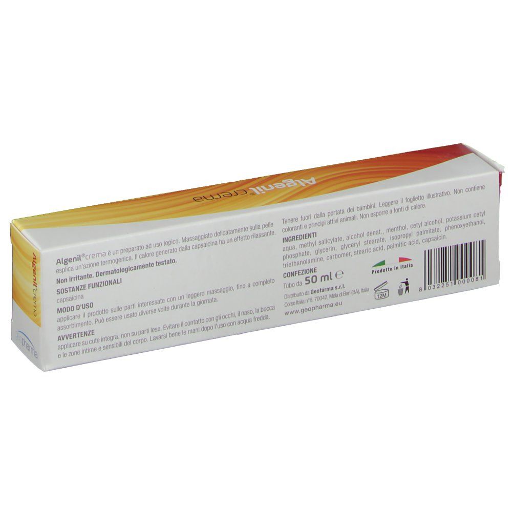 Retro della confezione Algenil® Crema. Testo: Ingredienti, modo d'uso, avvertenze, informazioni produttore.