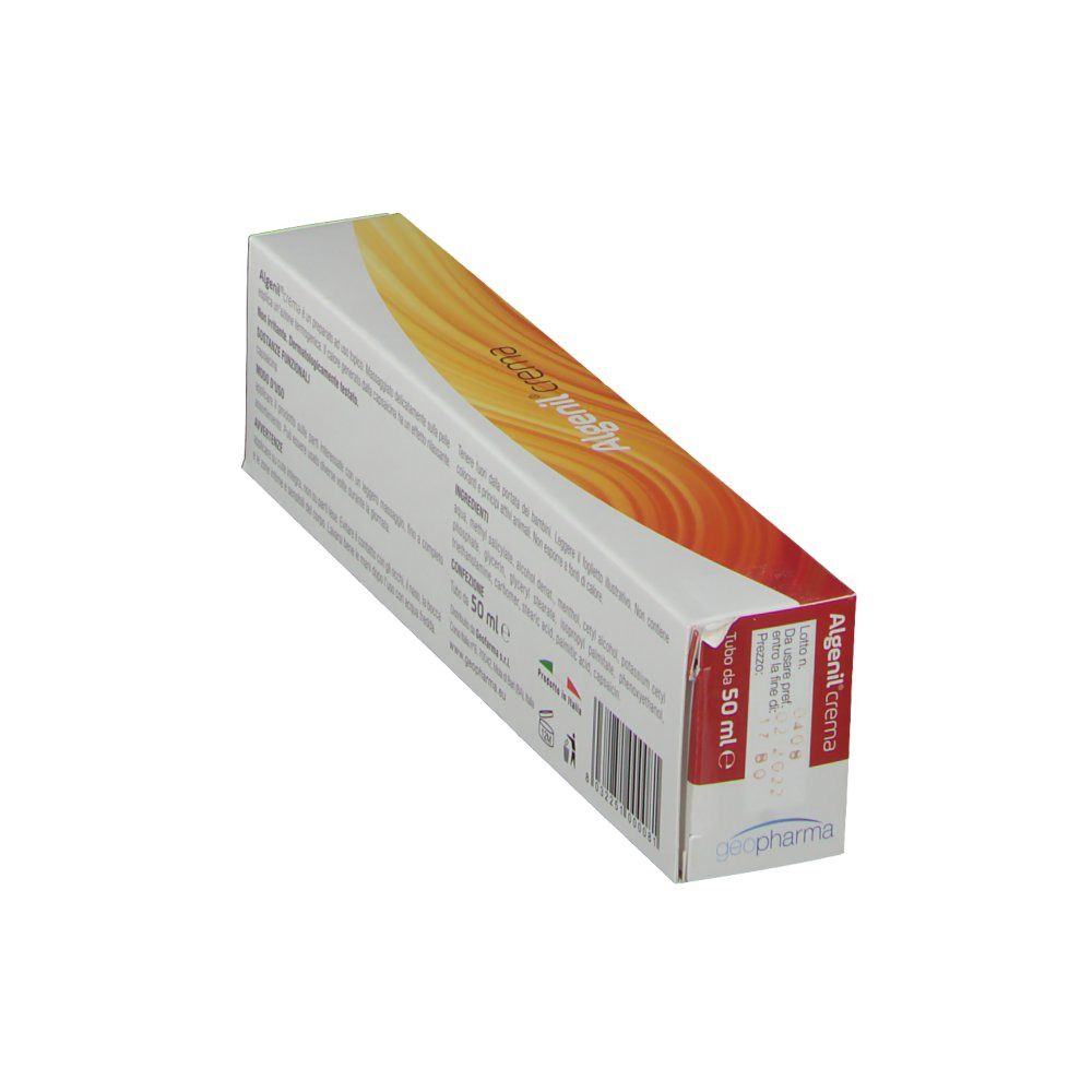 Confezione di Algenil® Crema in diagonale. Testo: Algenil crema, Tube da 50 ml, informazioni produttore.