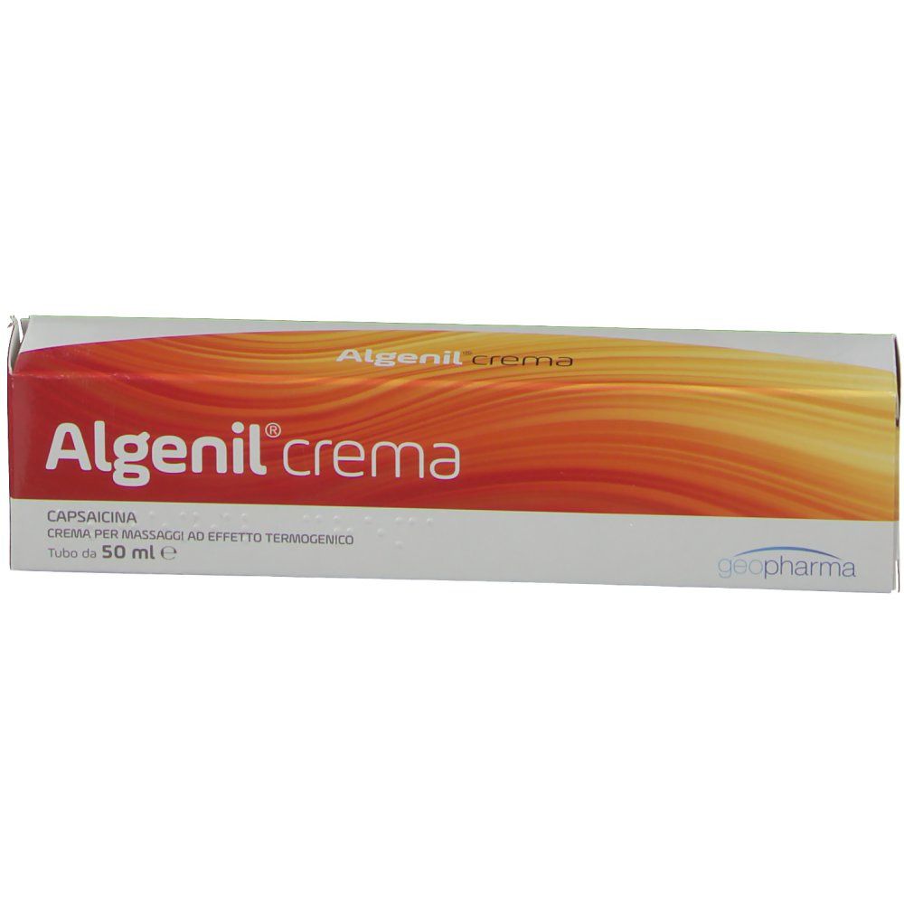 Confezione di Algenil® Crema. Sfumatura di colori rosso e giallo. Testo: Algenil crema, Capsaicina, Tube da 50 ml.