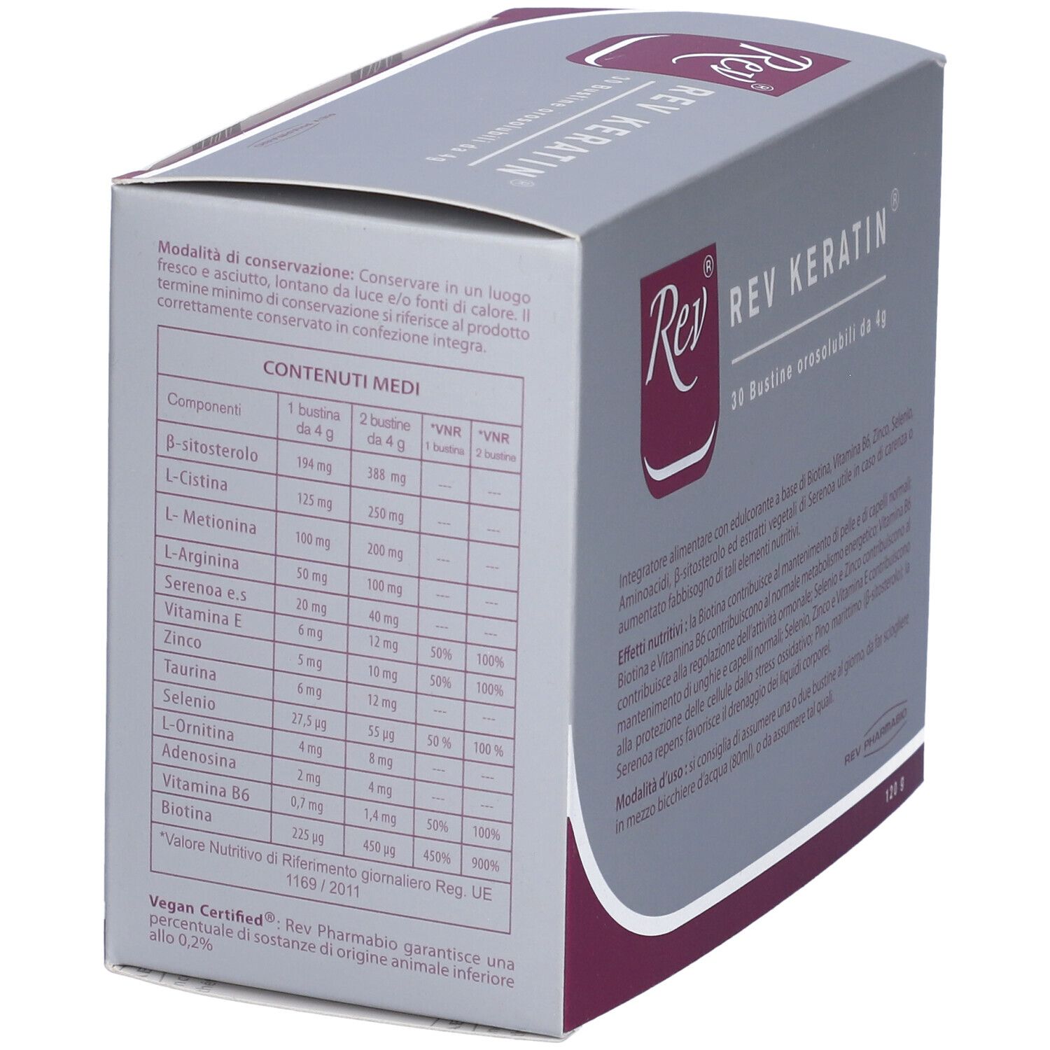 Rückseite der Rev Keratin-Verpackung. Nährwertangaben, Inhaltsstoffe, Vegan-Zertifizierung.