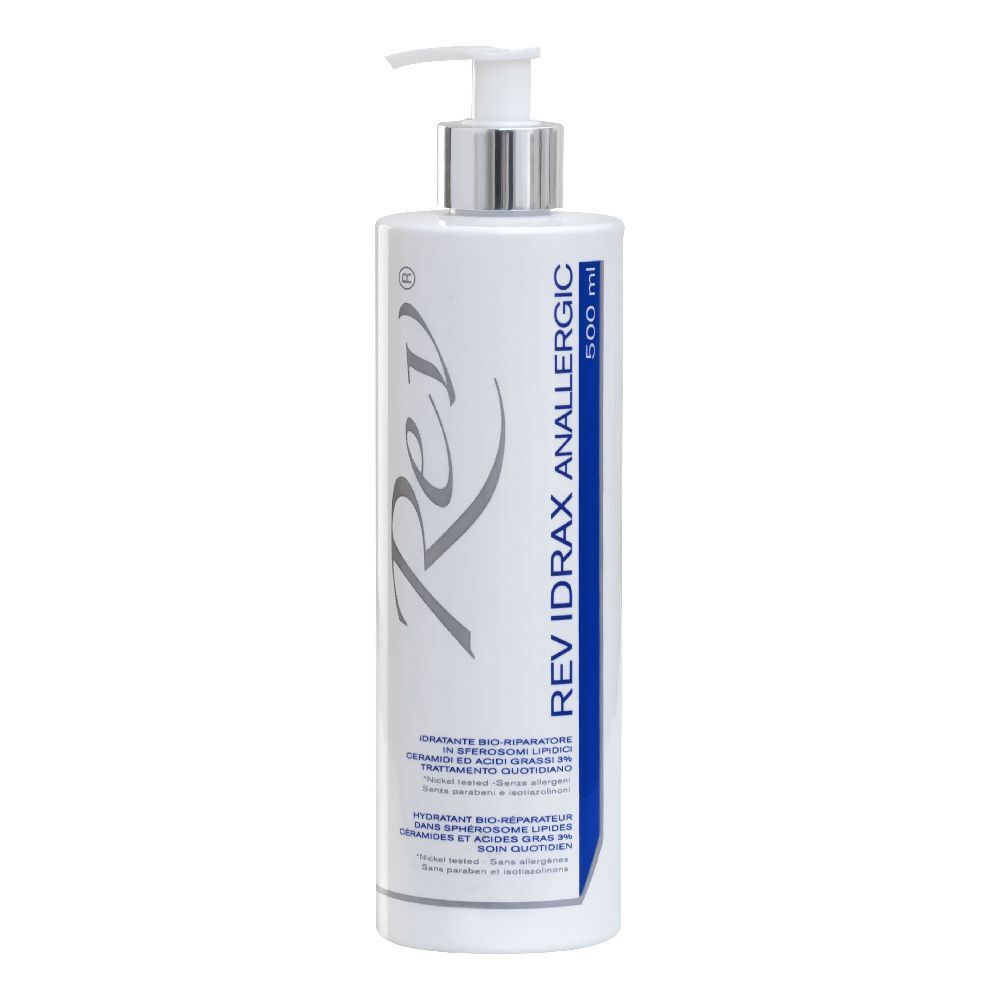 Flacone bianco con dosatore. Scritta: REV IDRAX ANALLERGIC. Dettagli blu e argento. 500 ml.