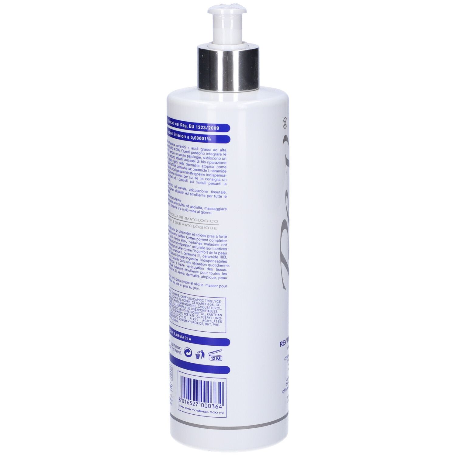 Retro di un flacone bianco con dosatore. Testo e codice a barre. Dettagli blu e argento.