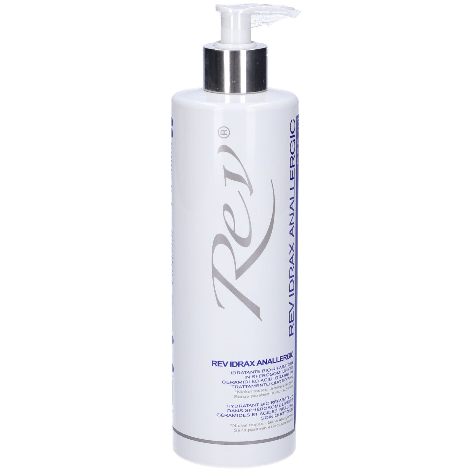 Flacone bianco con dosatore. Scritta: REV IDRAX ANALLERGIC. Dettagli blu e argento.