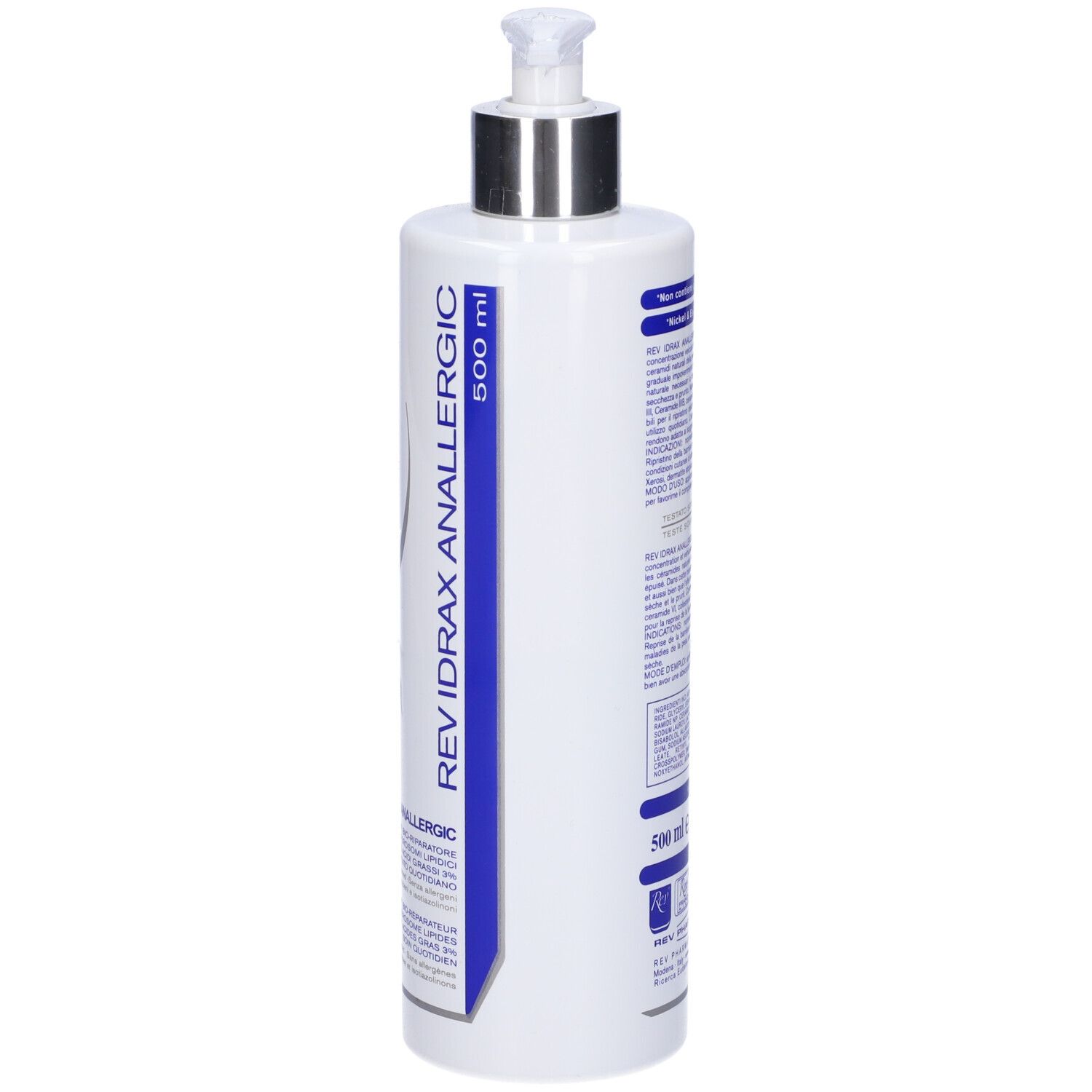 Retro di un flacone bianco con dosatore. Scritta: REV IDRAX ANALLERGIC. 500 ml. Dettagli blu.