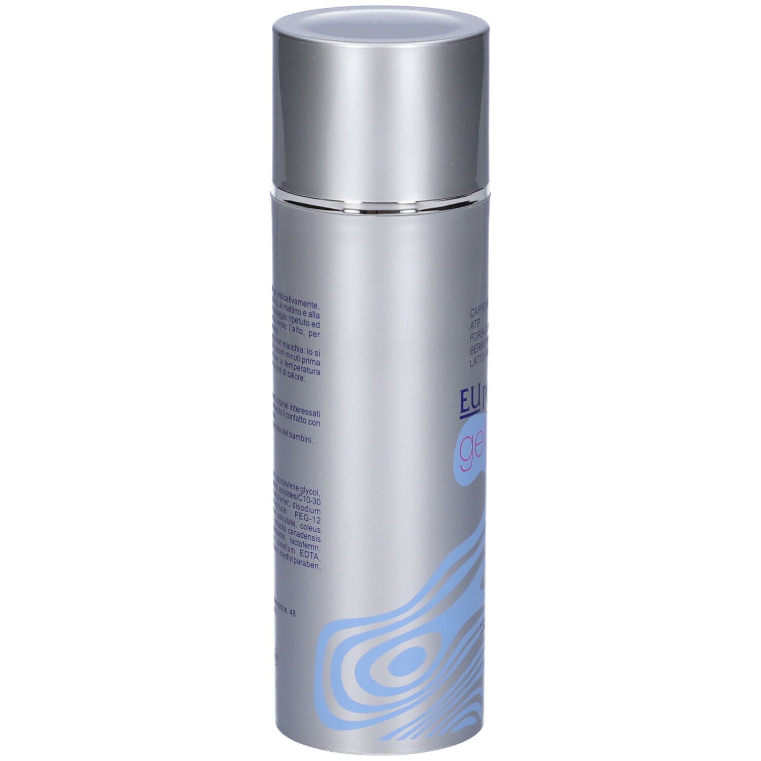Flacone cilindrico argentato con motivo blu e nome del prodotto. Contiene 100 ml.