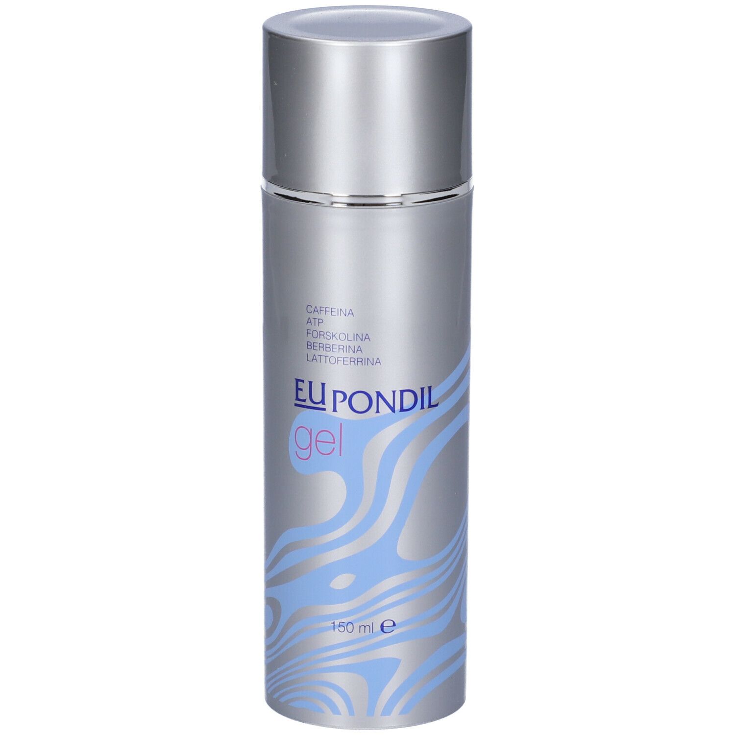 Flacone argentato con motivo blu e nome del prodotto. Contiene 150 ml.