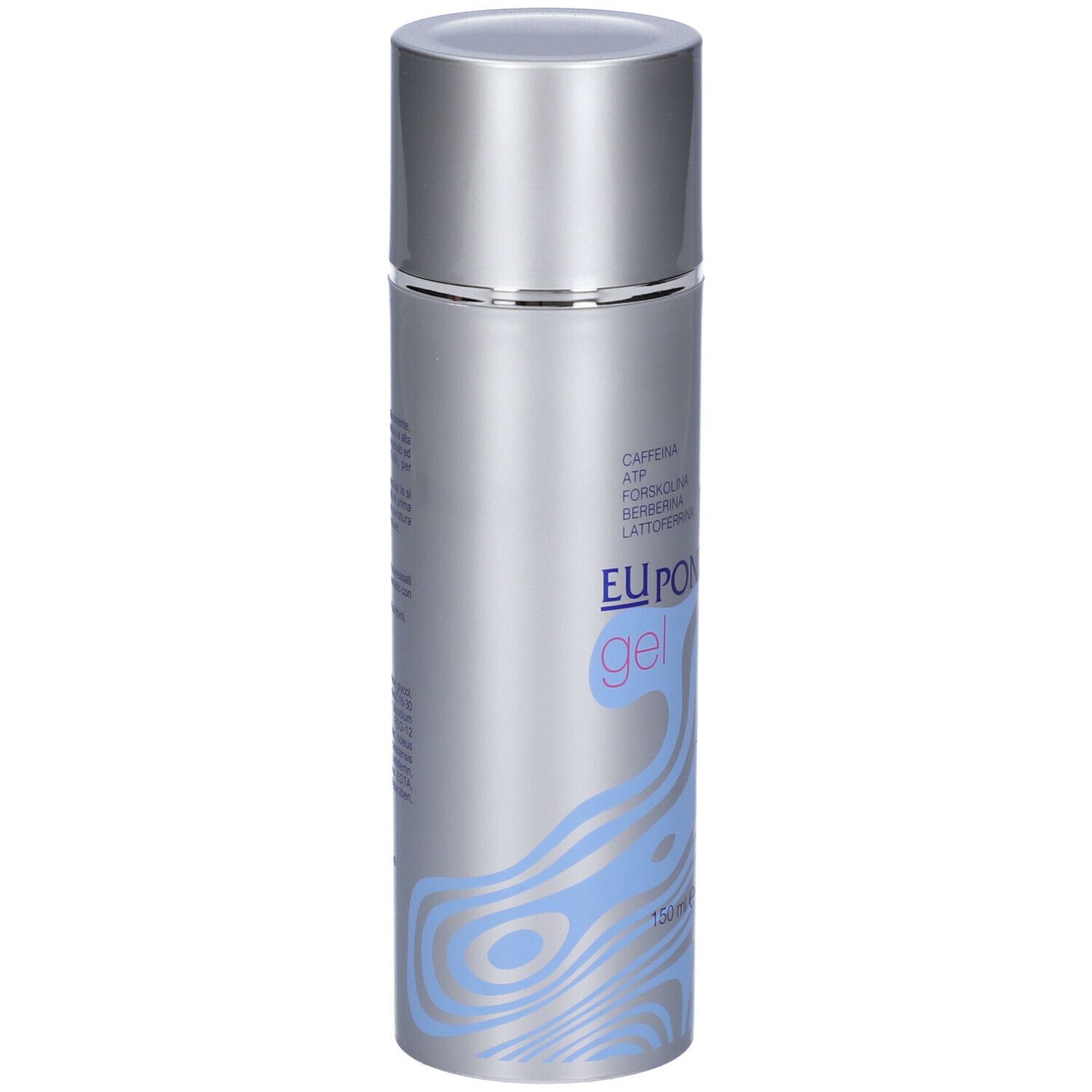 Flacone argentato con motivo blu e nome del prodotto. Contiene 150 ml.