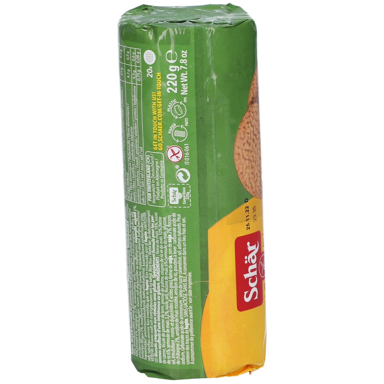 Confezione di Schär Cereal Bisco senza glutine. Due biscotti sono visibili. Confezione giallo-verde.