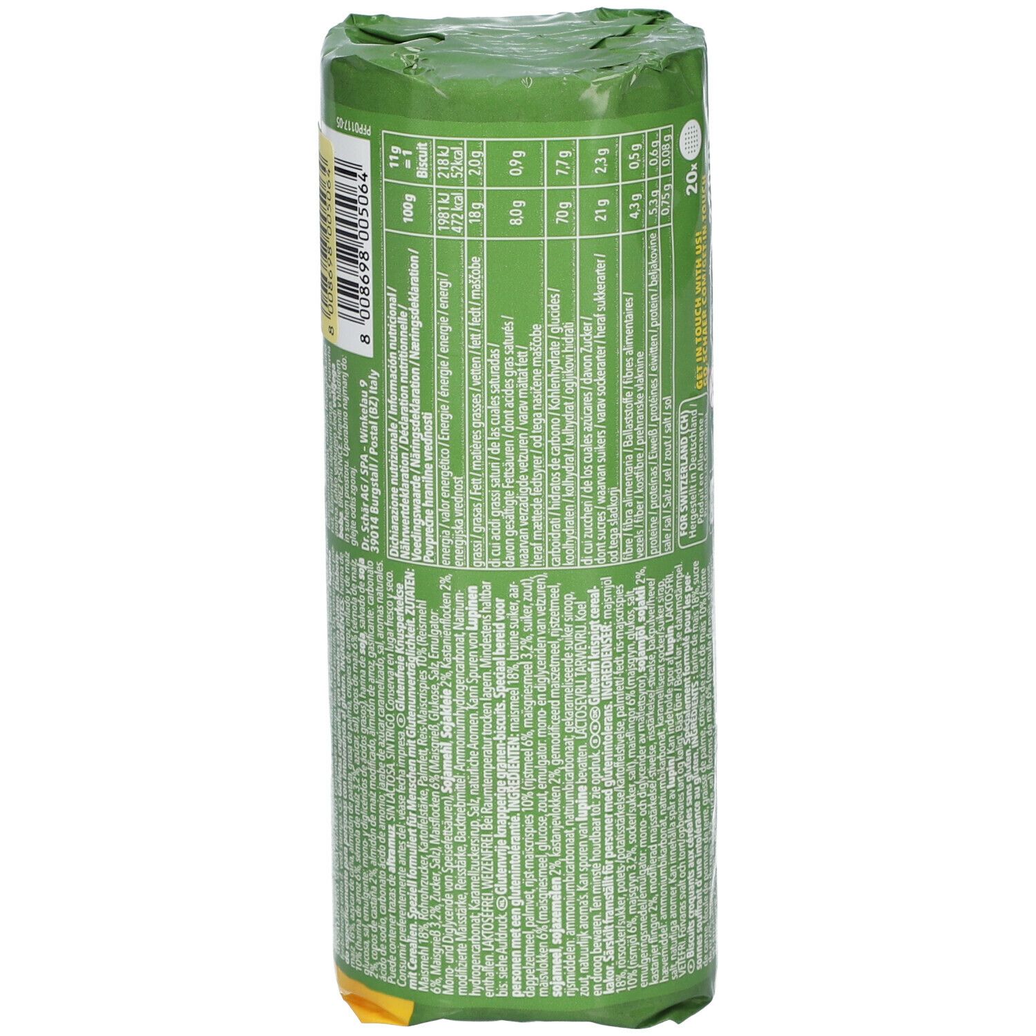 Retro della confezione Schär Cereal Bisco. Testo e informazioni nutrizionali su sfondo verde. Zona gialla in basso.