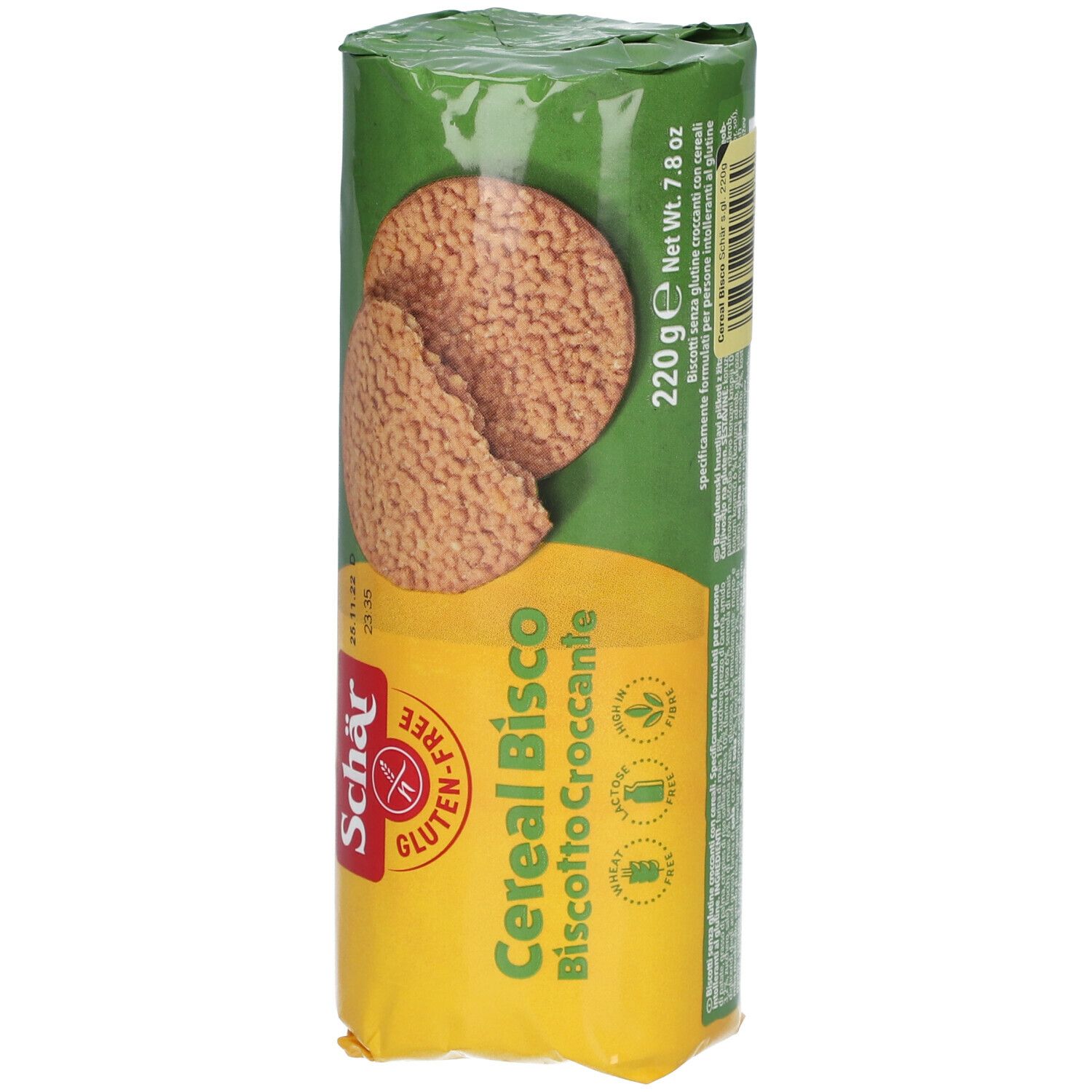 Confezione di Schär Cereal Bisco senza glutine. Due biscotti sono visibili. Confezione giallo-verde.