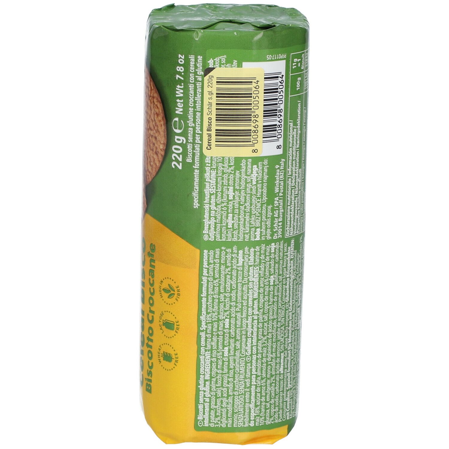Retro della confezione Schär Cereal Bisco. Testo e informazioni nutrizionali su sfondo verde. Zona gialla in basso.