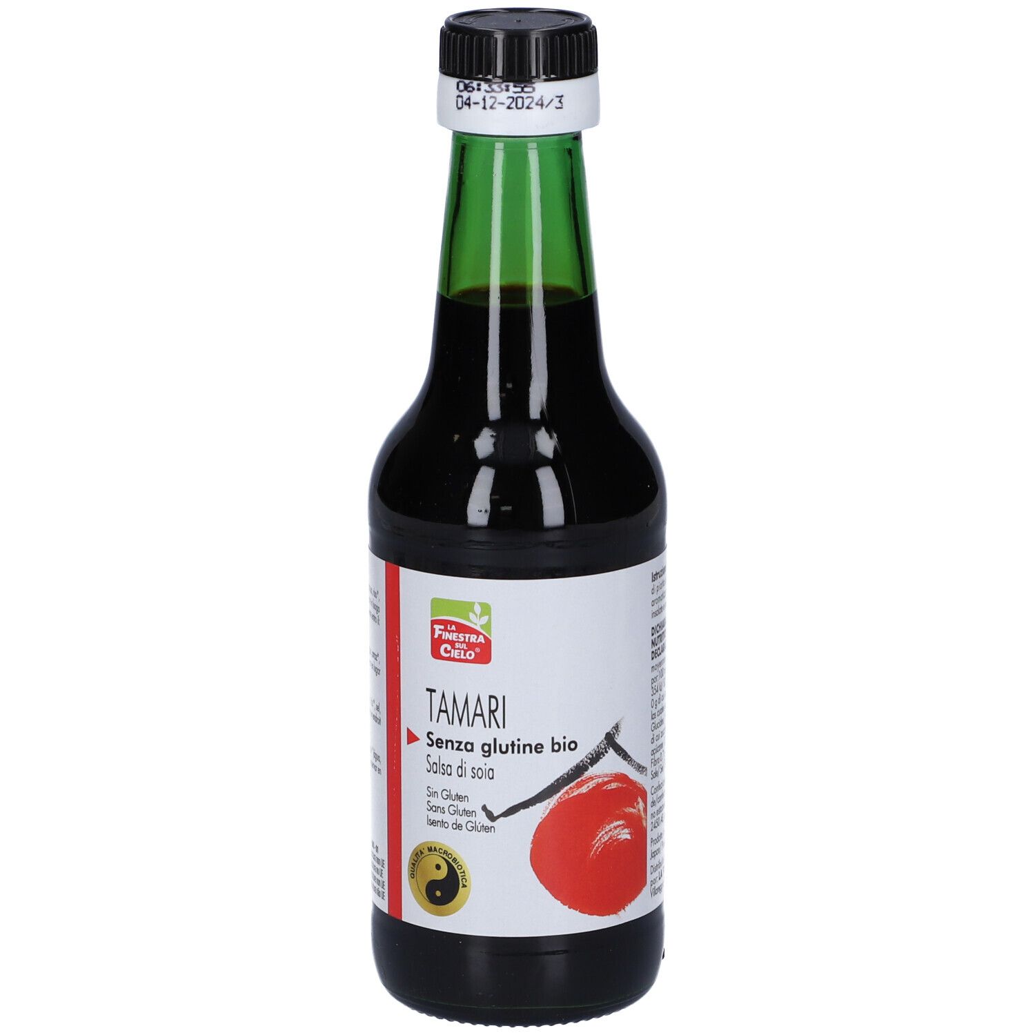Bottiglia di vetro con liquido marrone, tappo nero e collo verde. Etichetta con nome prodotto e senza glutine.