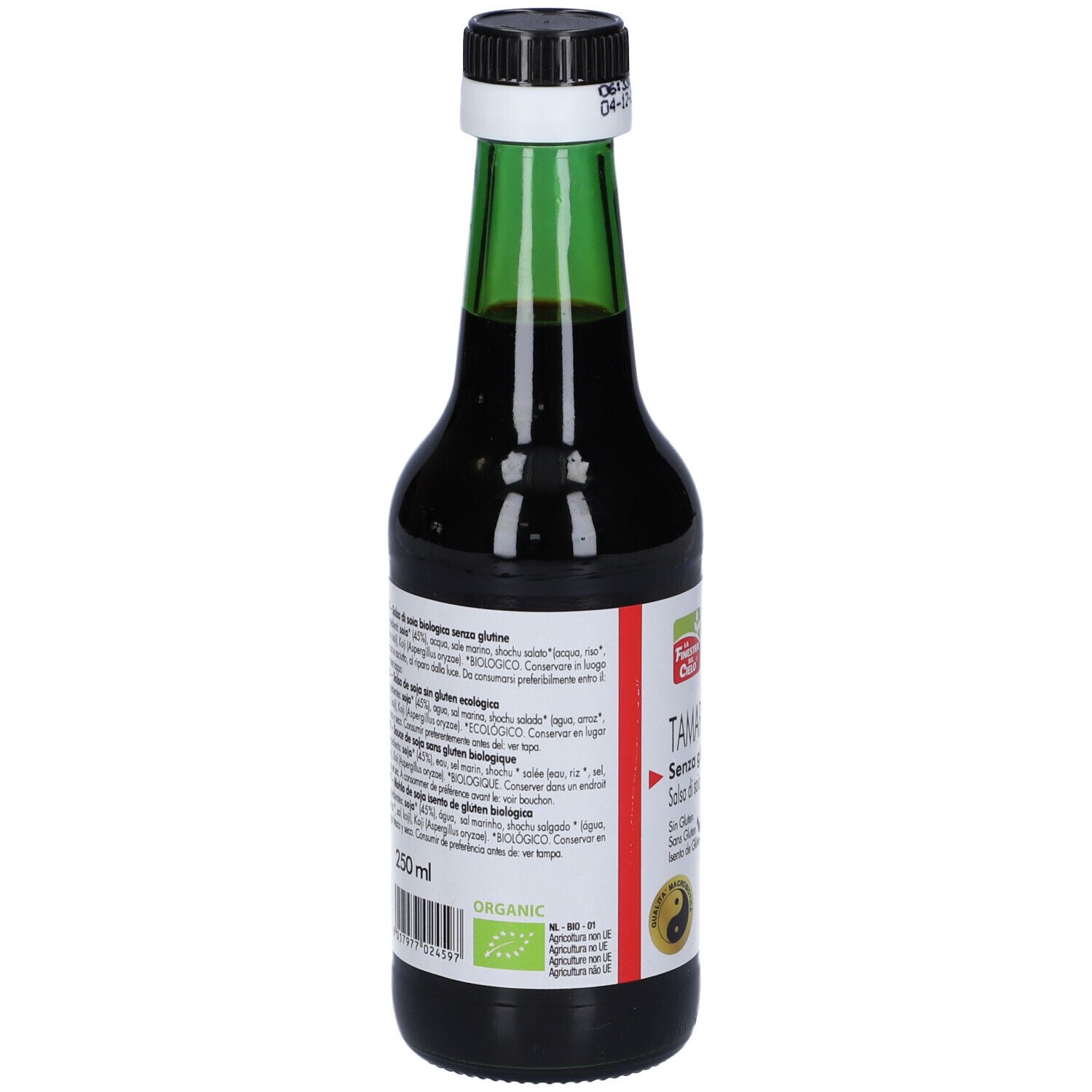 Bottiglia di vetro con liquido marrone, tappo nero e collo verde. Etichetta con informazioni sul prodotto e testo.