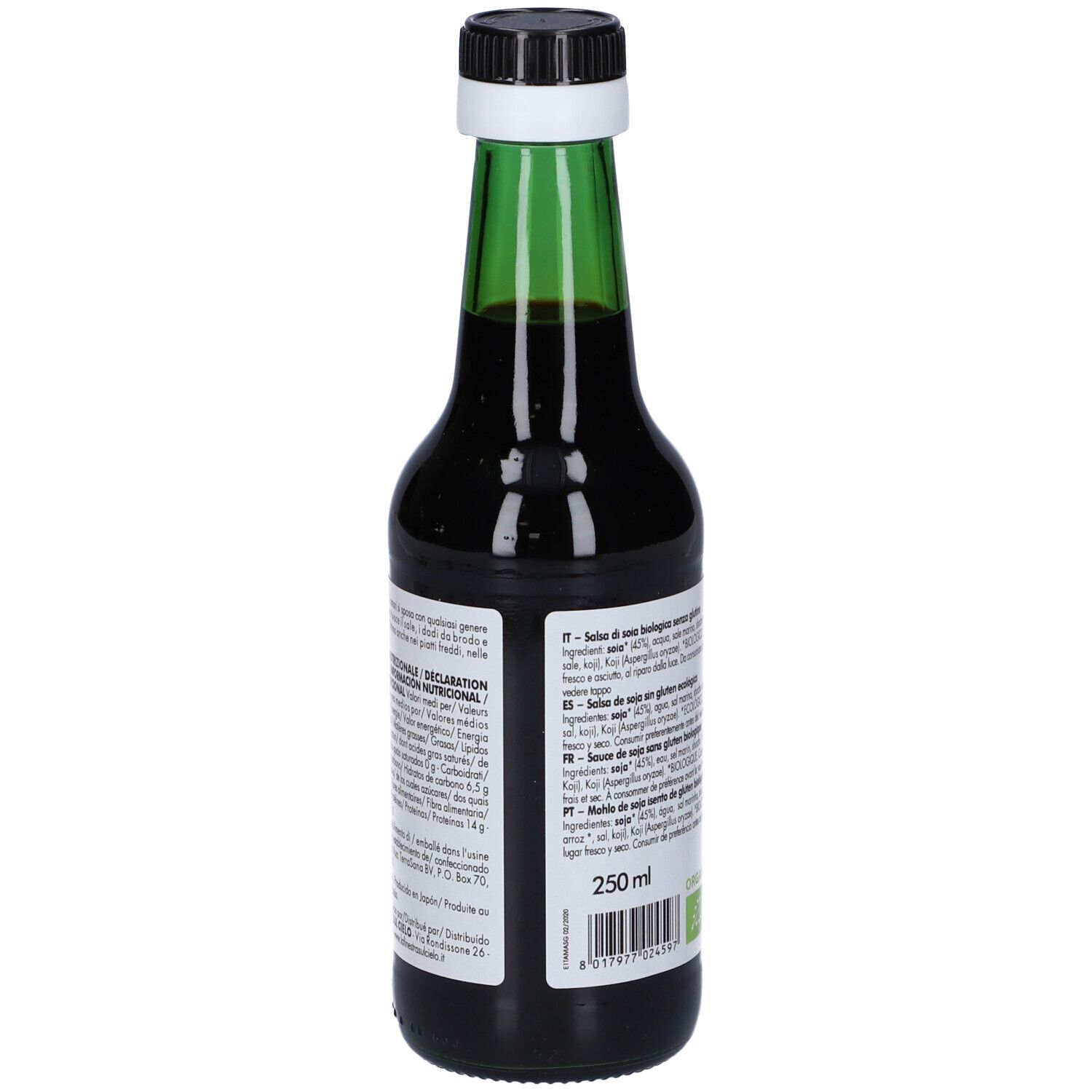 Bottiglia di vetro con liquido marrone, tappo nero e collo verde. Etichetta con informazioni sul prodotto e testo.