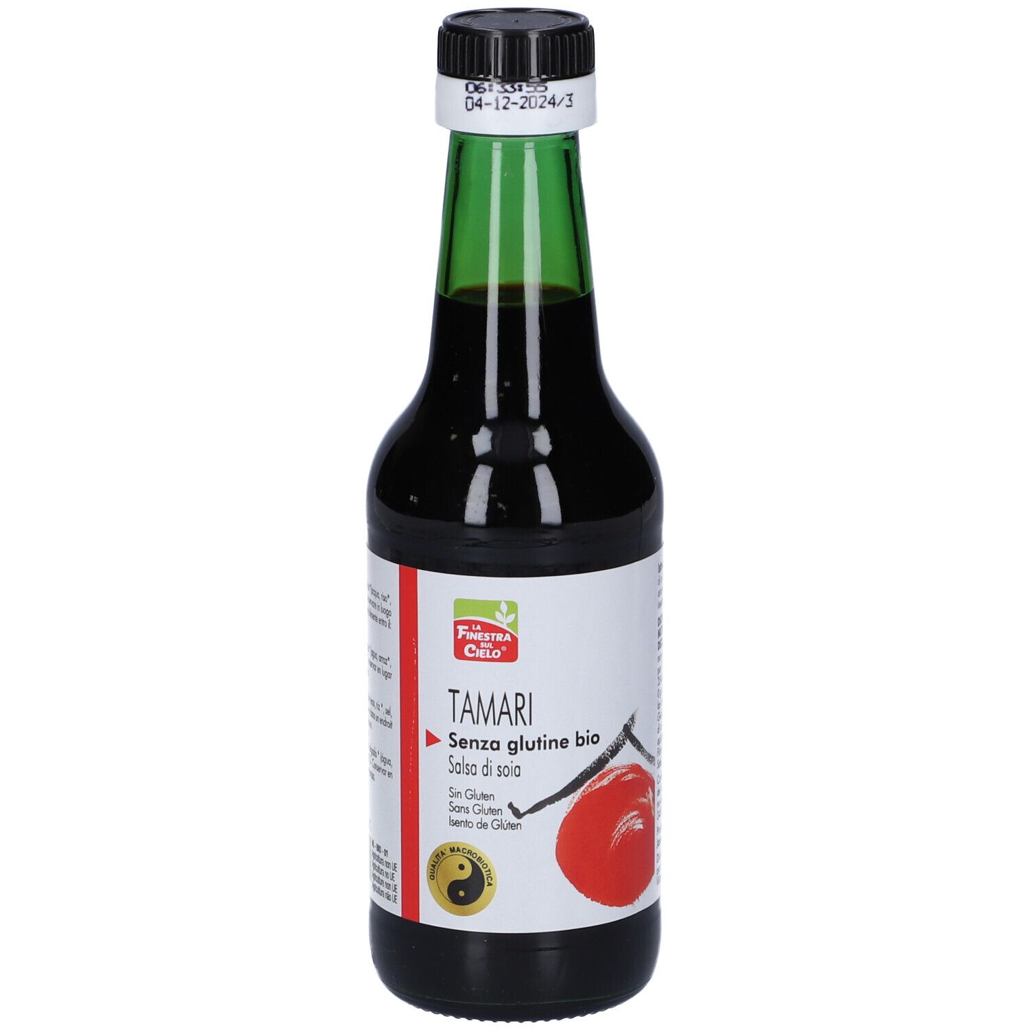 Bottiglia di vetro con liquido marrone, tappo nero e collo verde. Etichetta con nome prodotto e senza glutine.