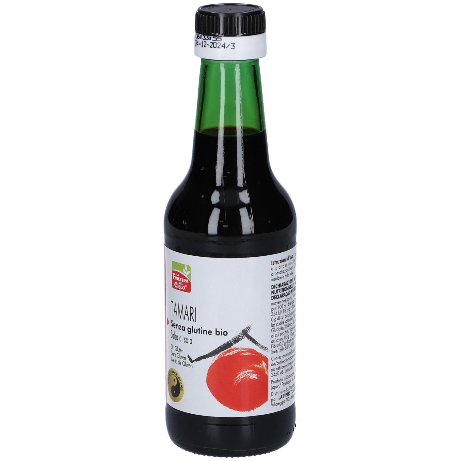 Bottiglia di vetro con liquido marrone, tappo nero e collo verde. Etichetta con nome prodotto e senza glutine.