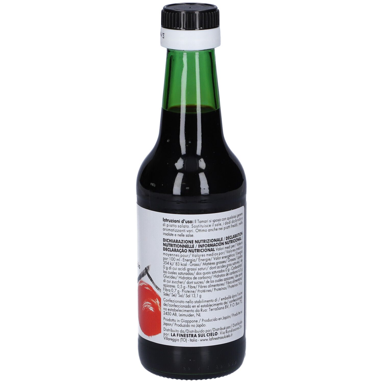 Bottiglia di vetro con liquido marrone, tappo nero e collo verde. Etichetta con informazioni sul prodotto e testo.