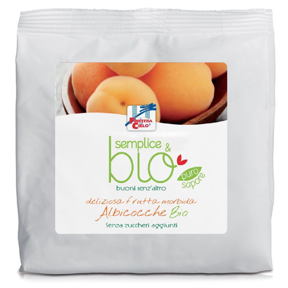 Confezione bianca con etichetta. Scritta: Semplice & bio, Albicocche Morbide Bio. Immagine di albicocche. Marchio bio.